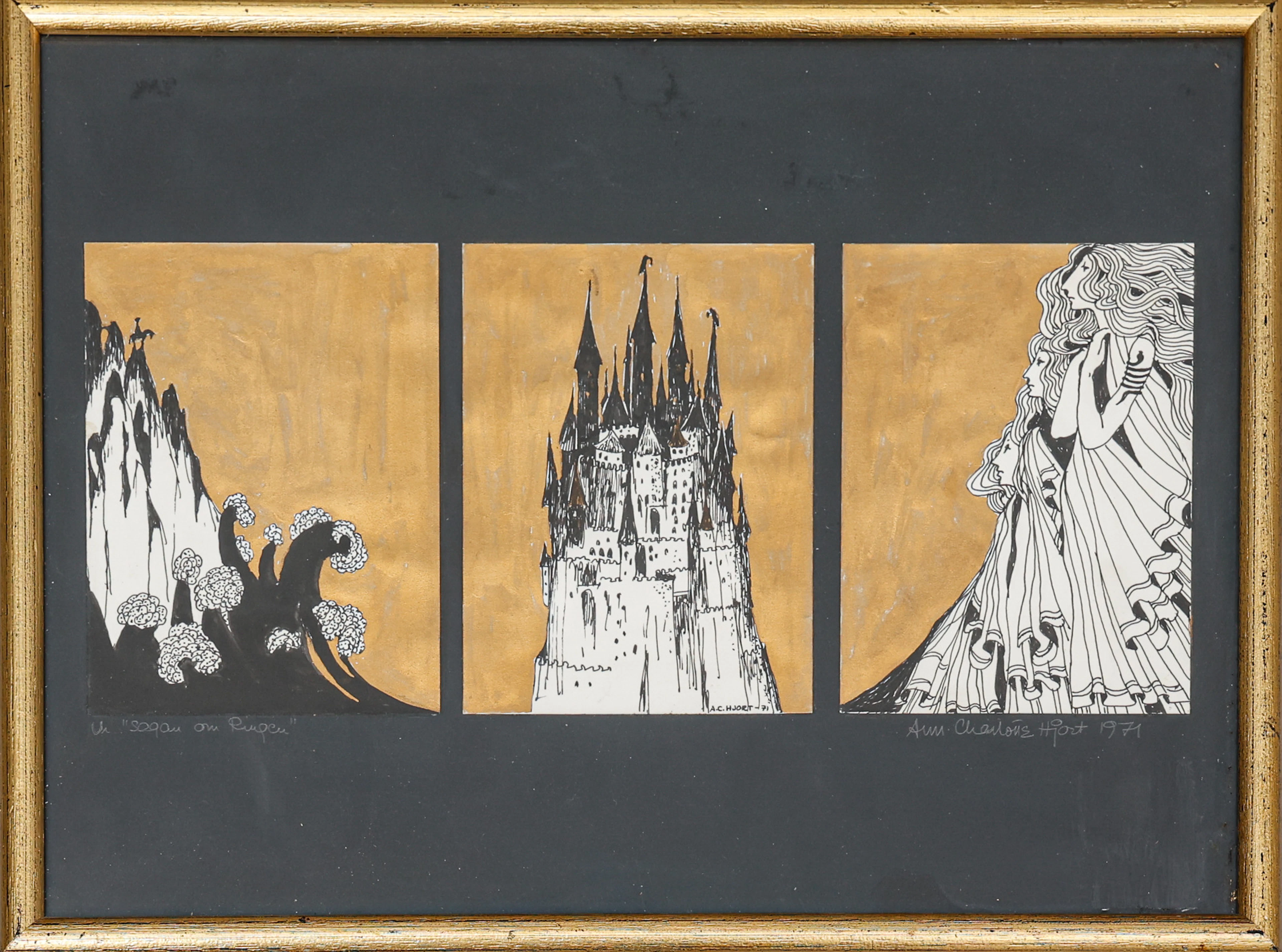 ANN-CHARLOTTE HJORT. blandteknik, triptyk,ur "Sagan om ringen", signerad