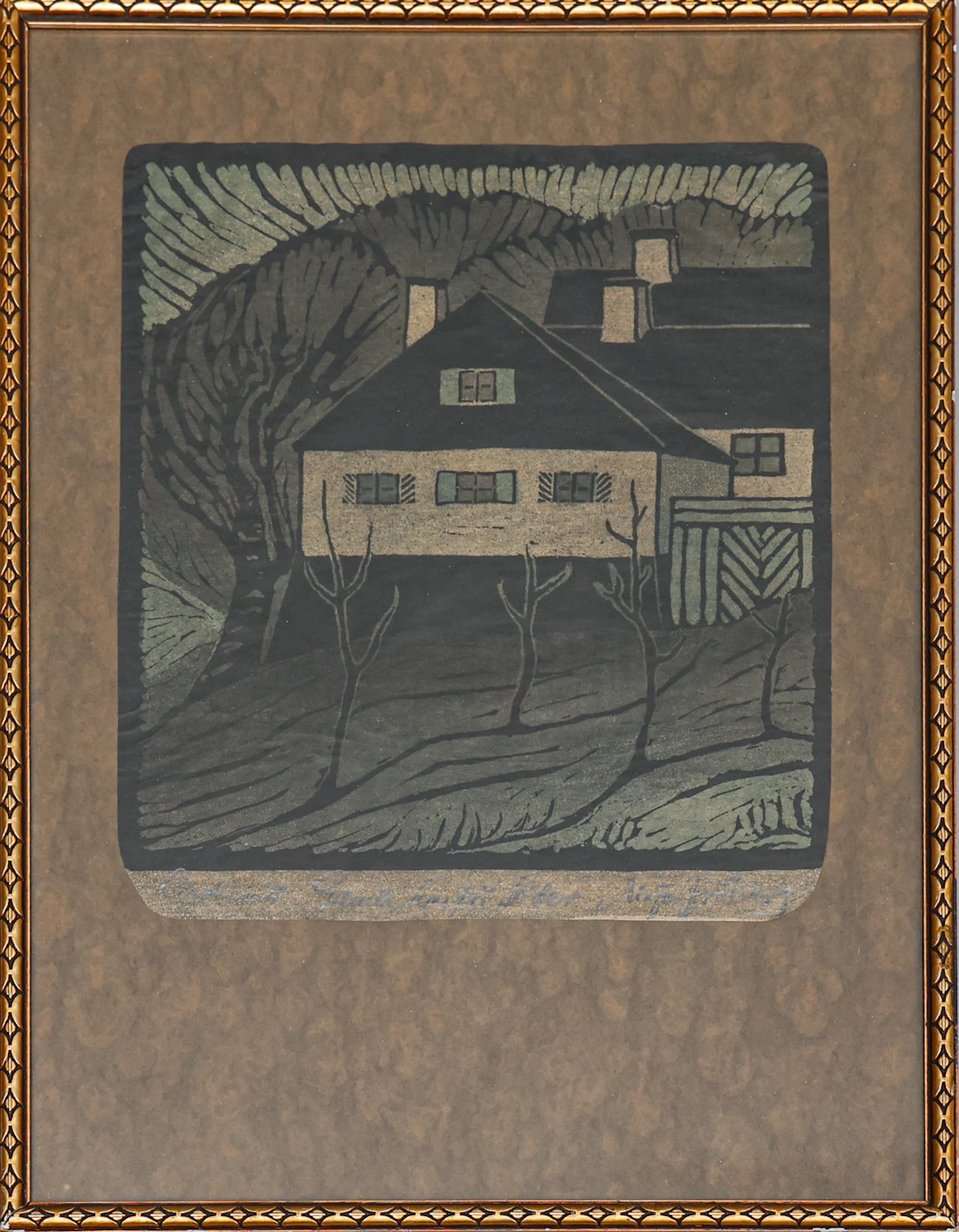 MAJA FRÖBERG. Linoleumsnitt, "gamla hus på söder".