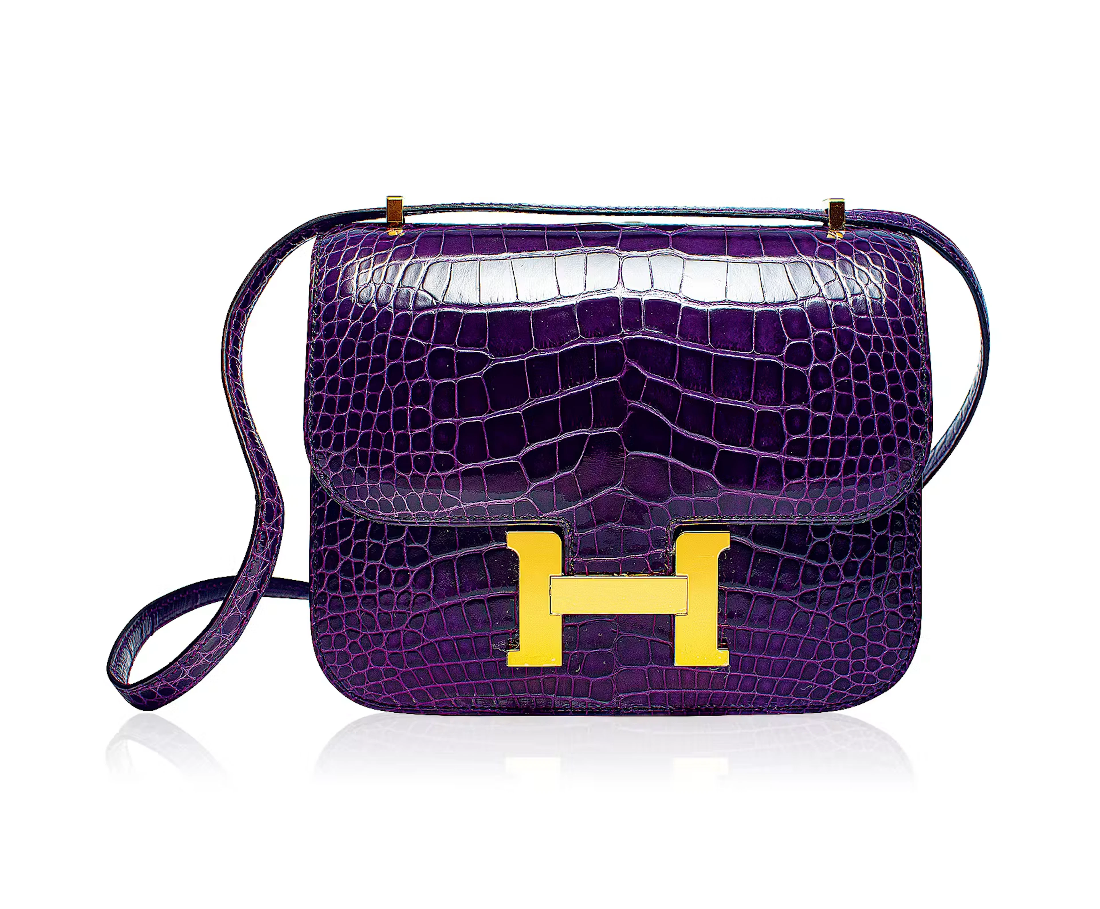 A CASSIS SHINY ALLIGATOR MINI CONSTANCE 18 GOLD HARDWARE, 2022, BY HERMÈS