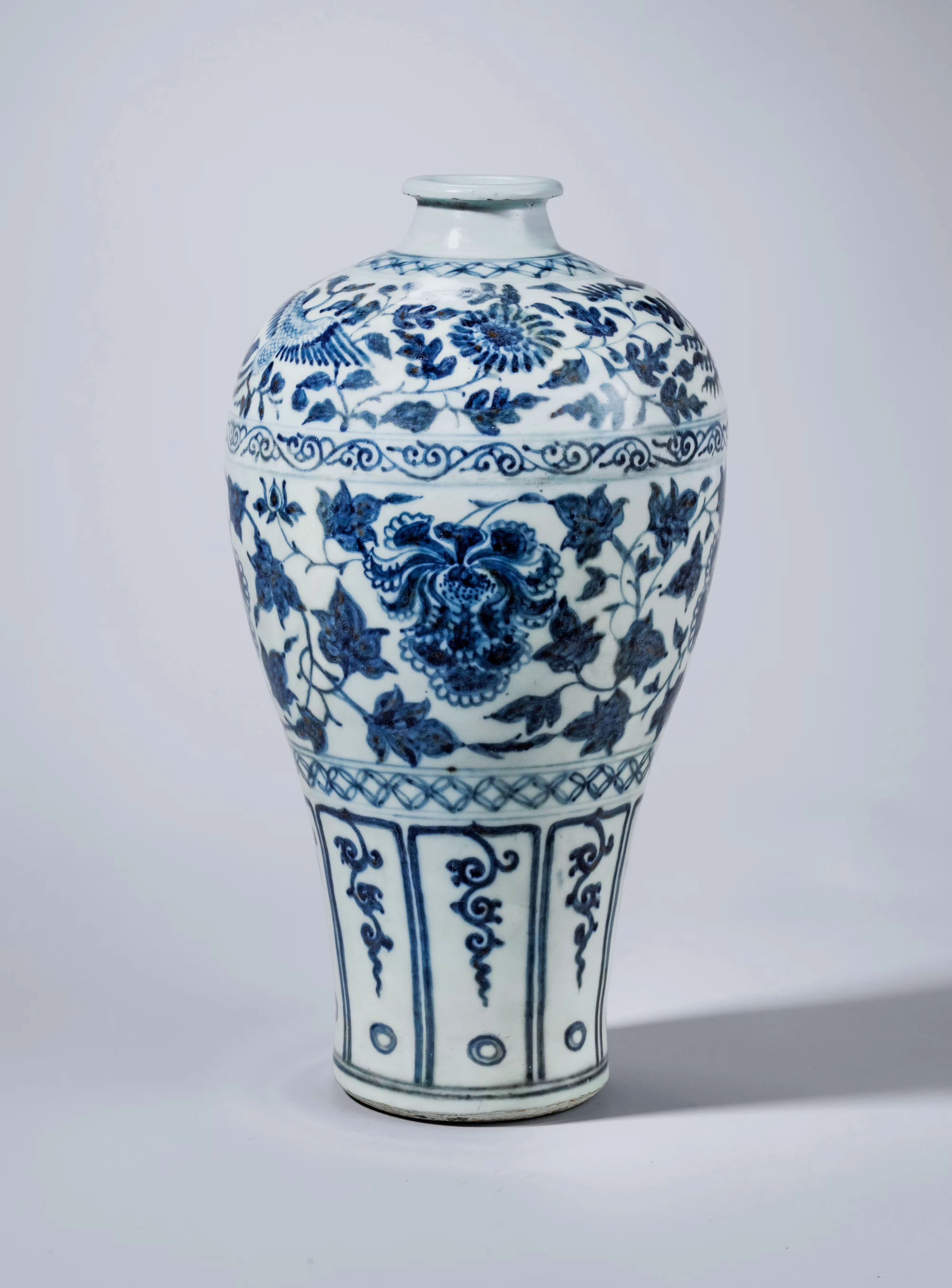 A BLUE AND WHITE 'PEONY AND PHOENIX' VASE, MEIPING, YUAN DYNASTY, 1279-1368