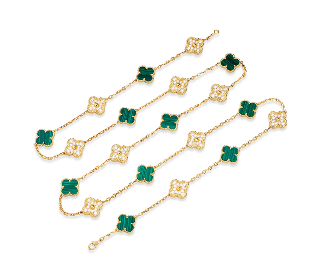 MALACHITE AND DIAMOND 'VINTAGE ALHAMBRA' NECKLACE, BY VAN CLEEF & ARPELS