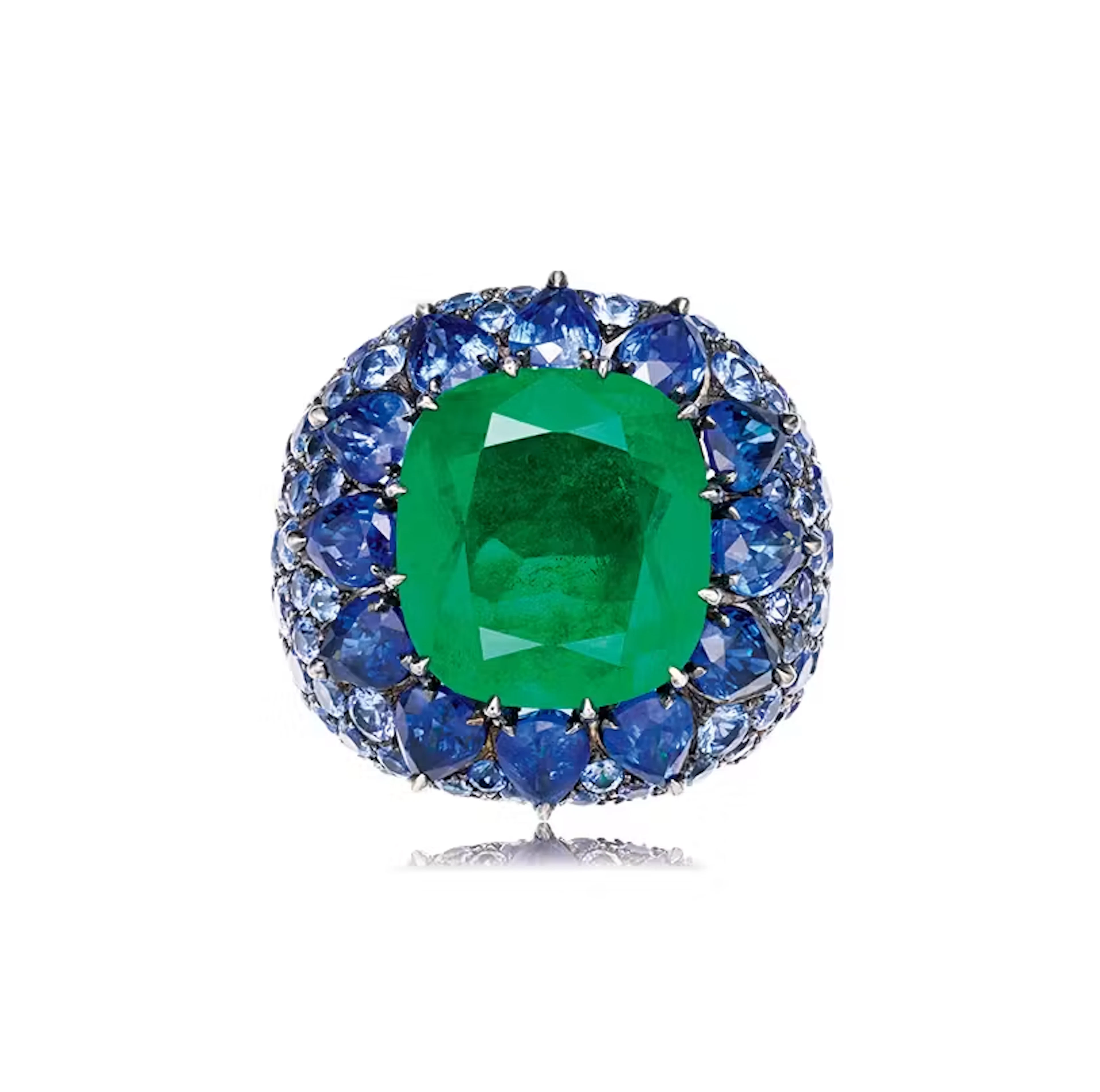 9.08 CARAT COLOMBIAN EMERALD, SAPPHIRE AND DIAMOND RING
