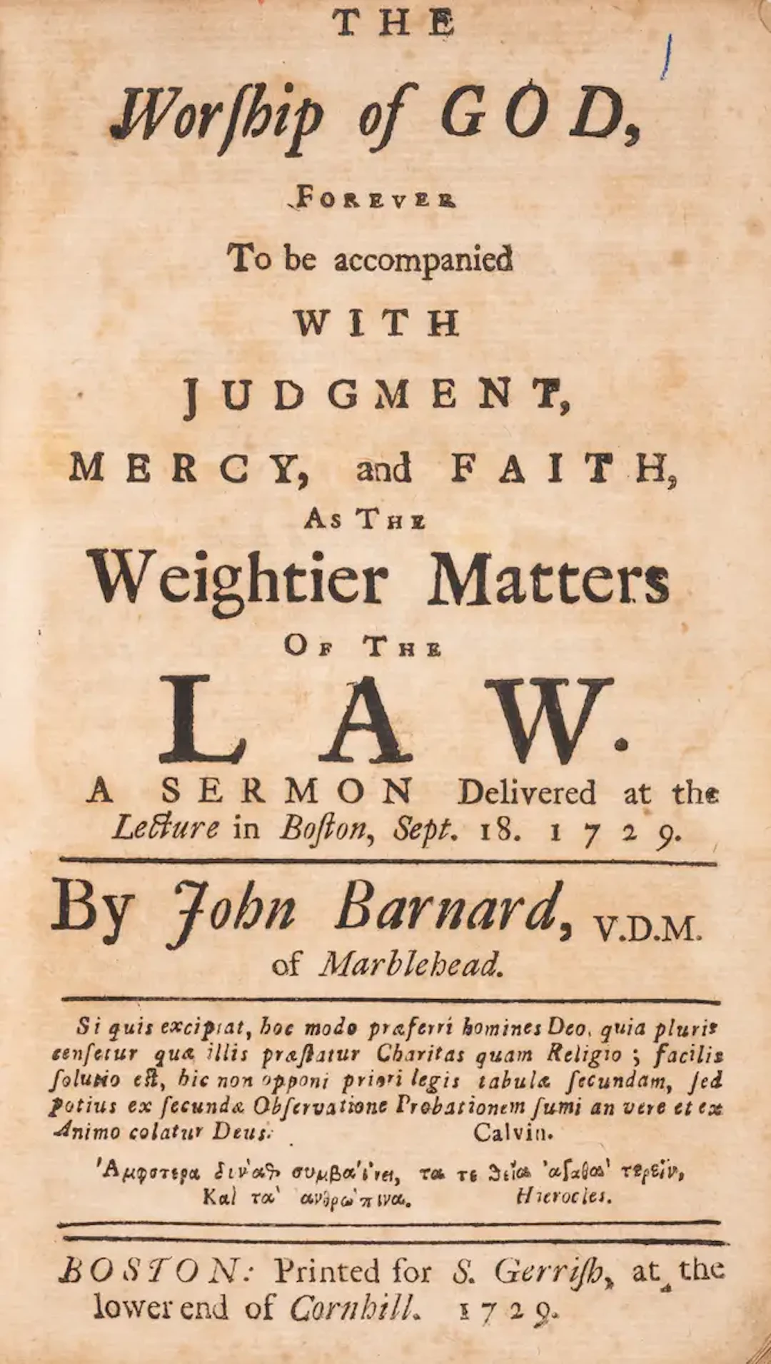 American imprint.- Barnard (John) The Worship of God, forever to be