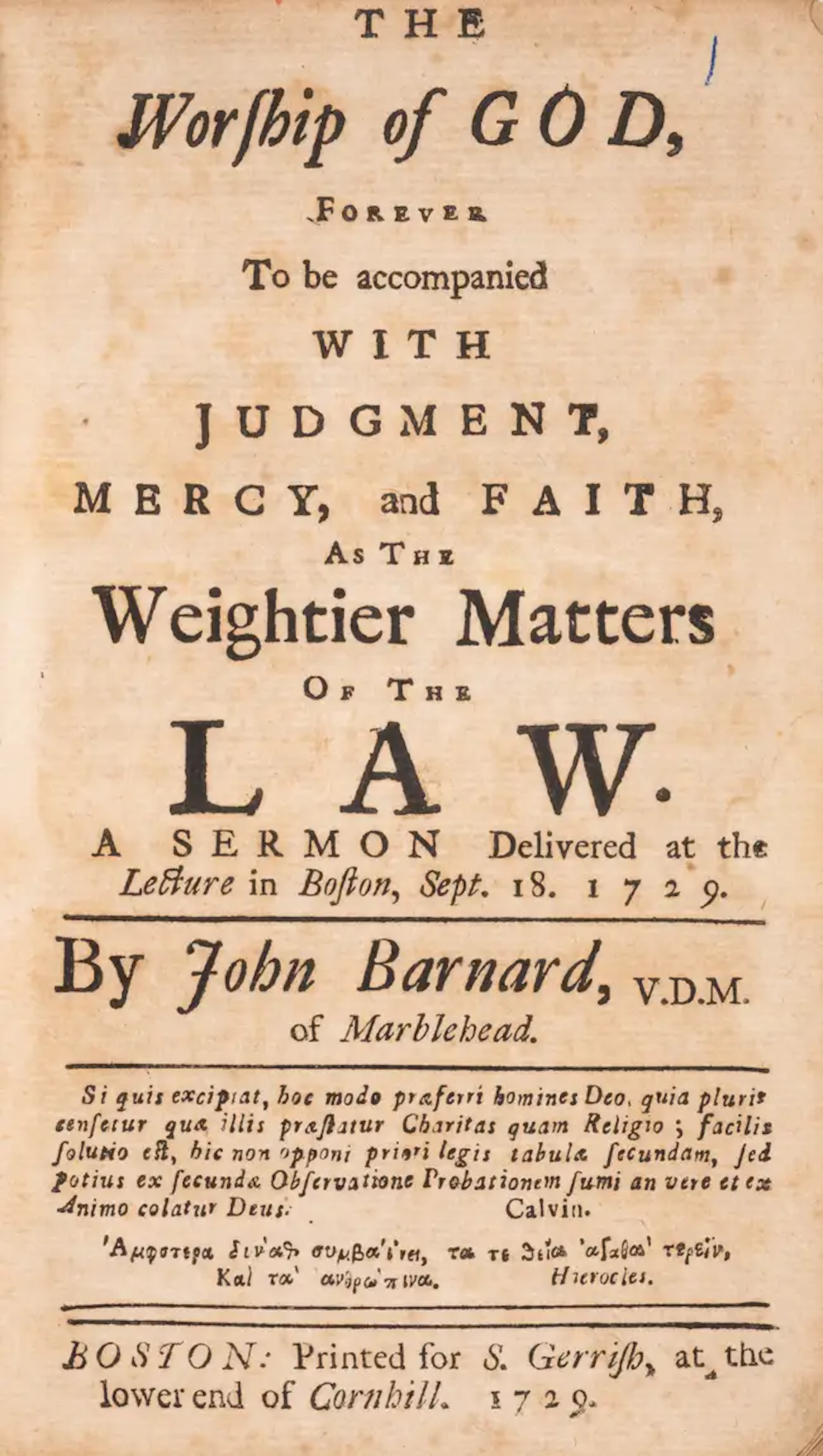 American imprint.- Barnard (John) The Worship of God, forever to be