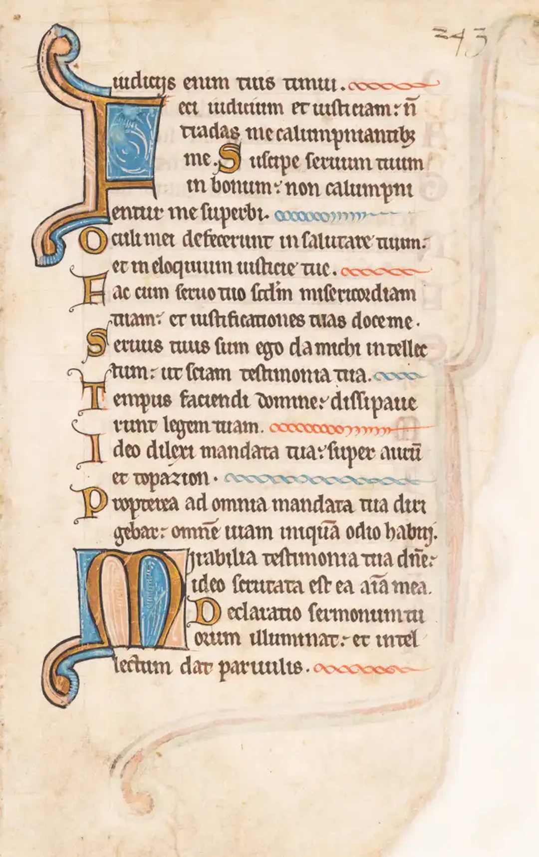 Leaf from a large Psalter with elegantly looping initials, in Latin