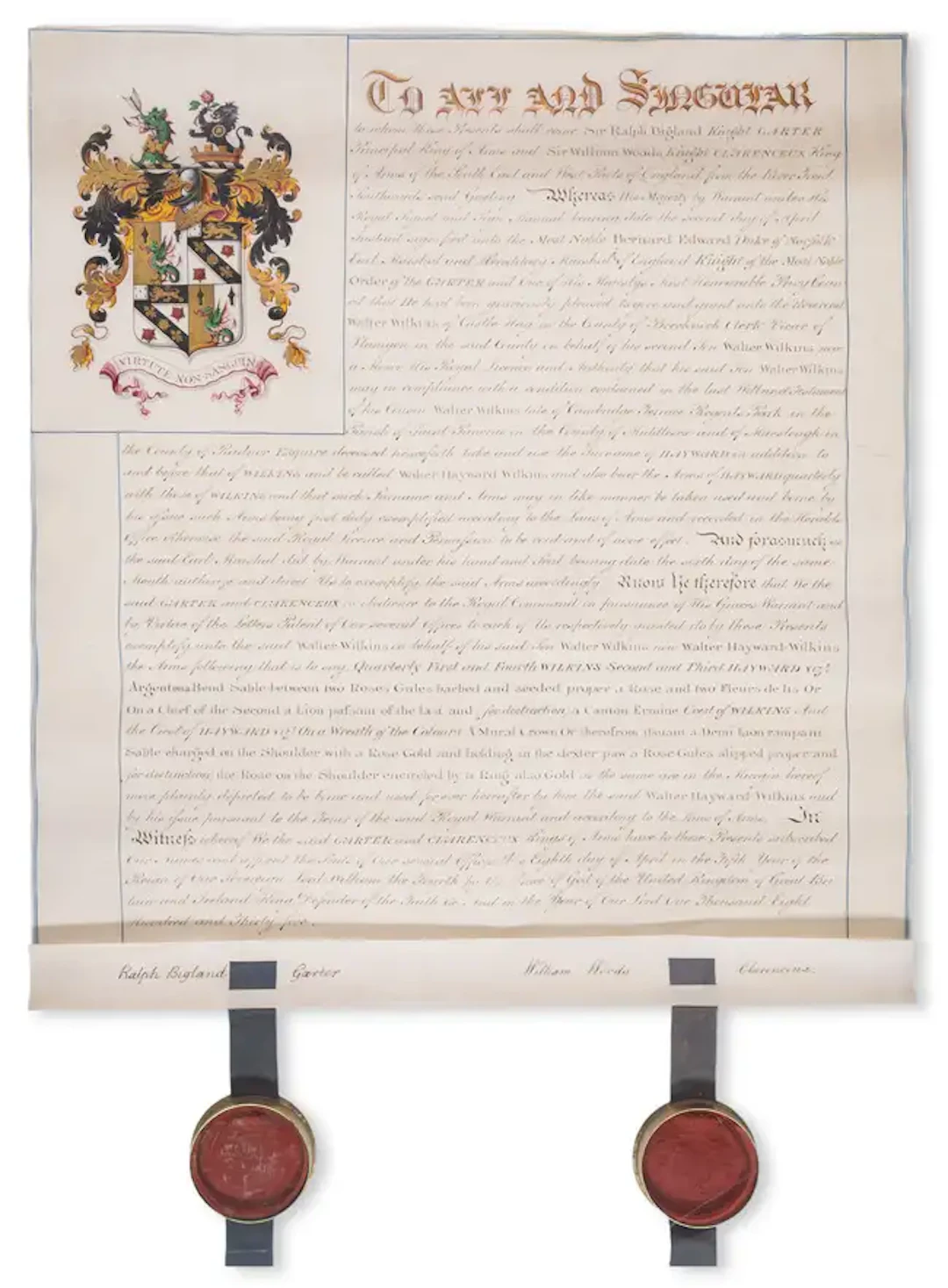Heraldry.- Bigland (Sir Ralph) & Sir William Woods. Grant of additional