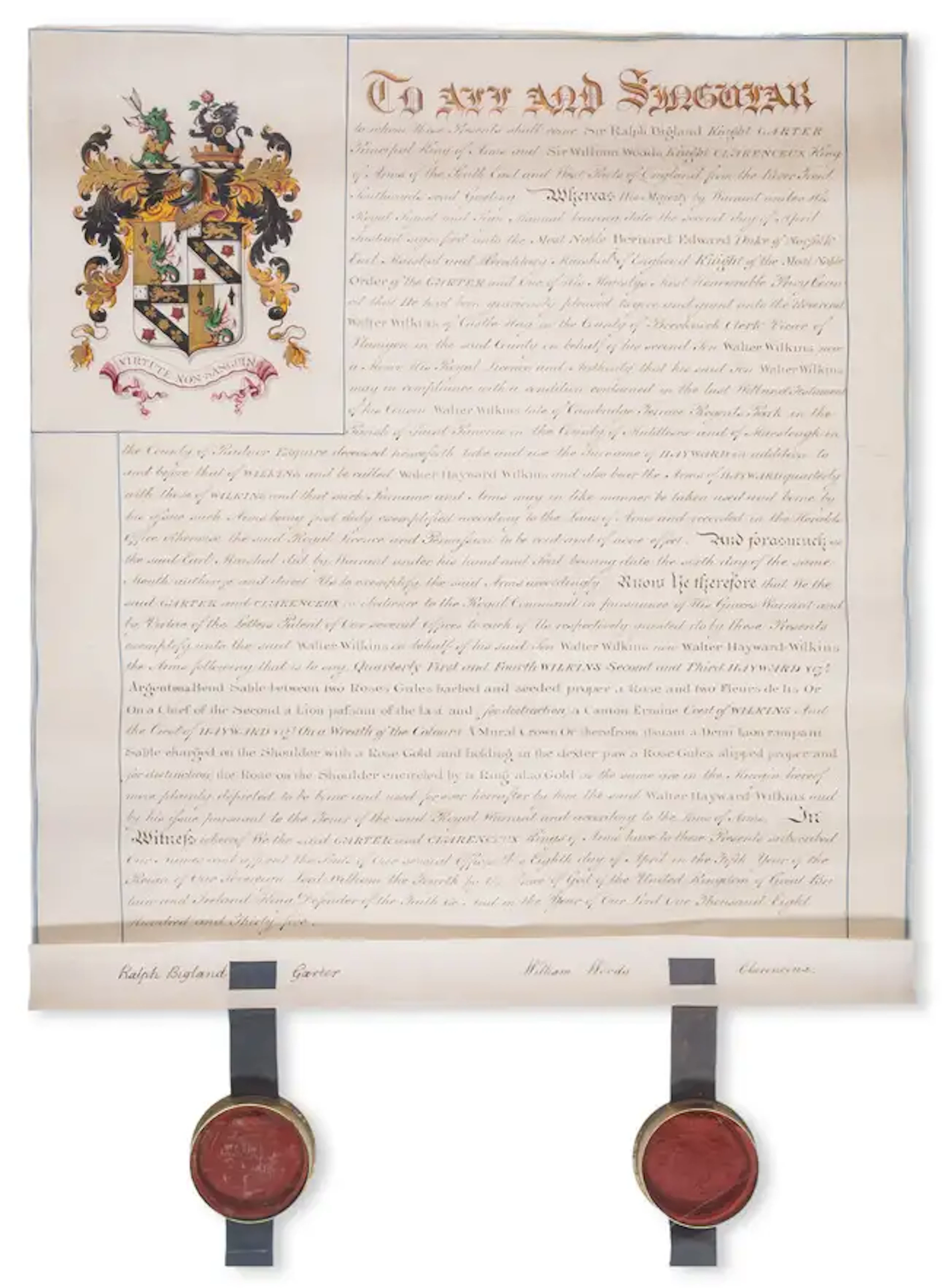 Heraldry.- Bigland (Sir Ralph) & Sir William Woods. Grant of additional