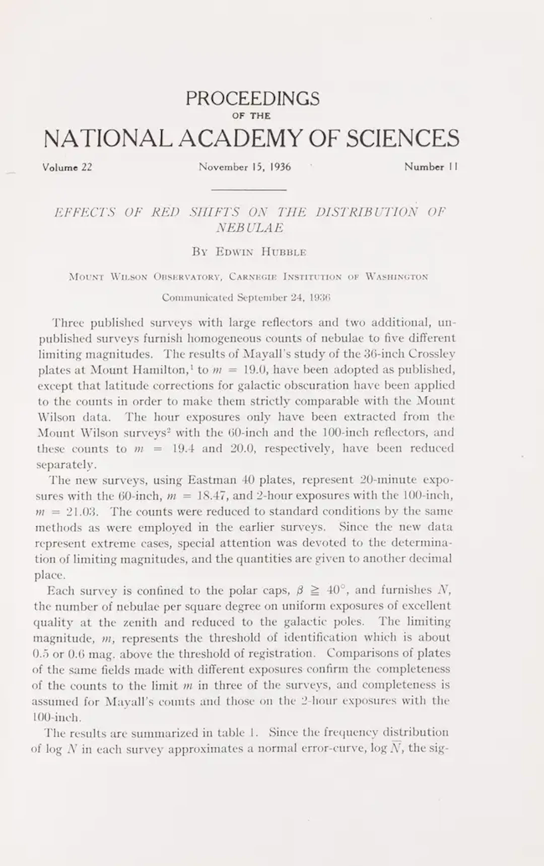 Astronomy.- Hubble (Edwin) "Effects of Red Shifts on the Distribution