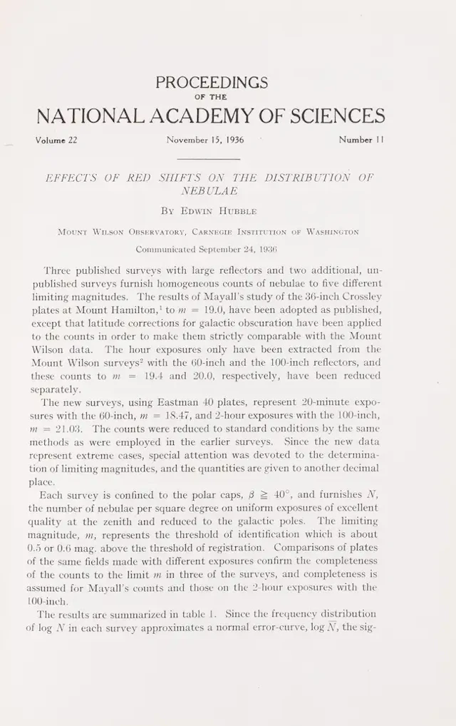 Astronomy.- Hubble (Edwin) "Effects of Red Shifts on the Distribution