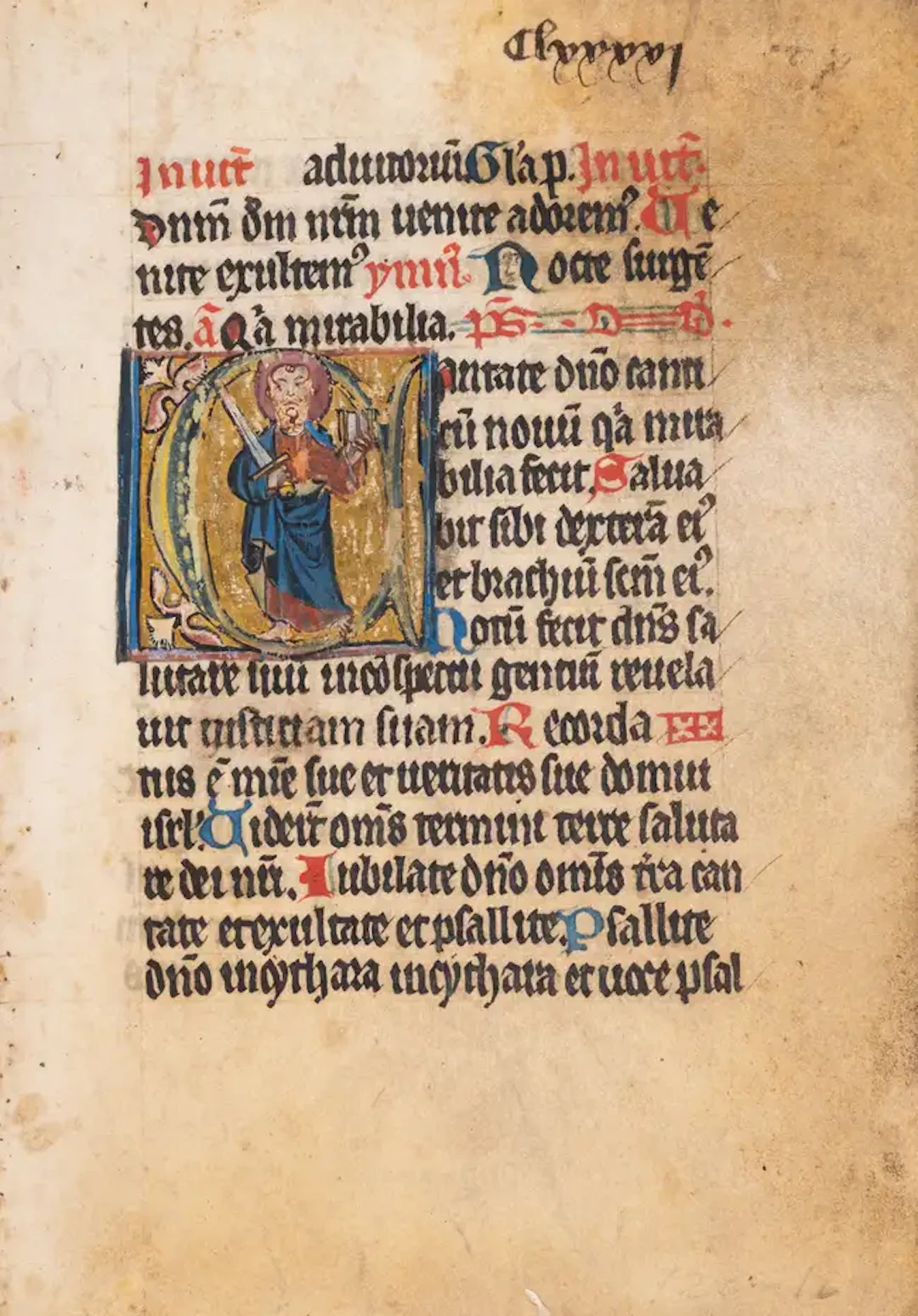 Six leaves from a Psalter, one with a historiated initial enclosing