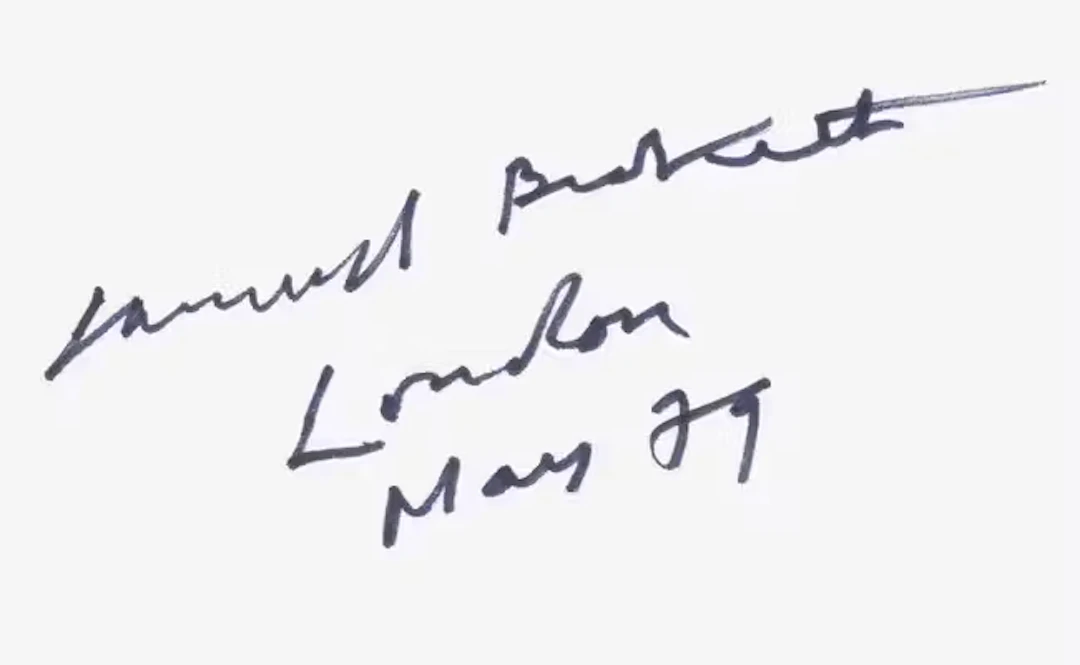 Beckett (Samuel) Autograph card signed "Samuel Beckett London May 79", 1979.
