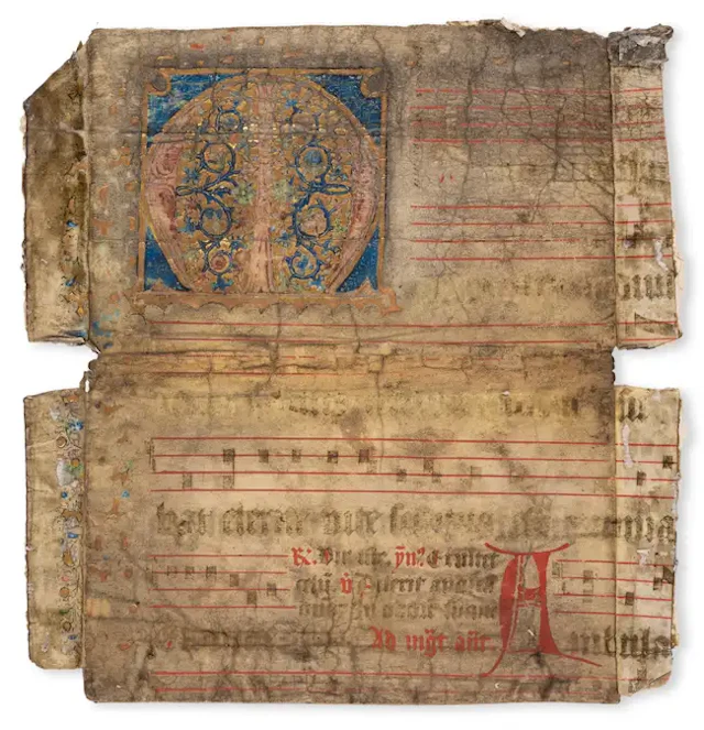 Cutting from an early choirbook, with a large illuminated initial