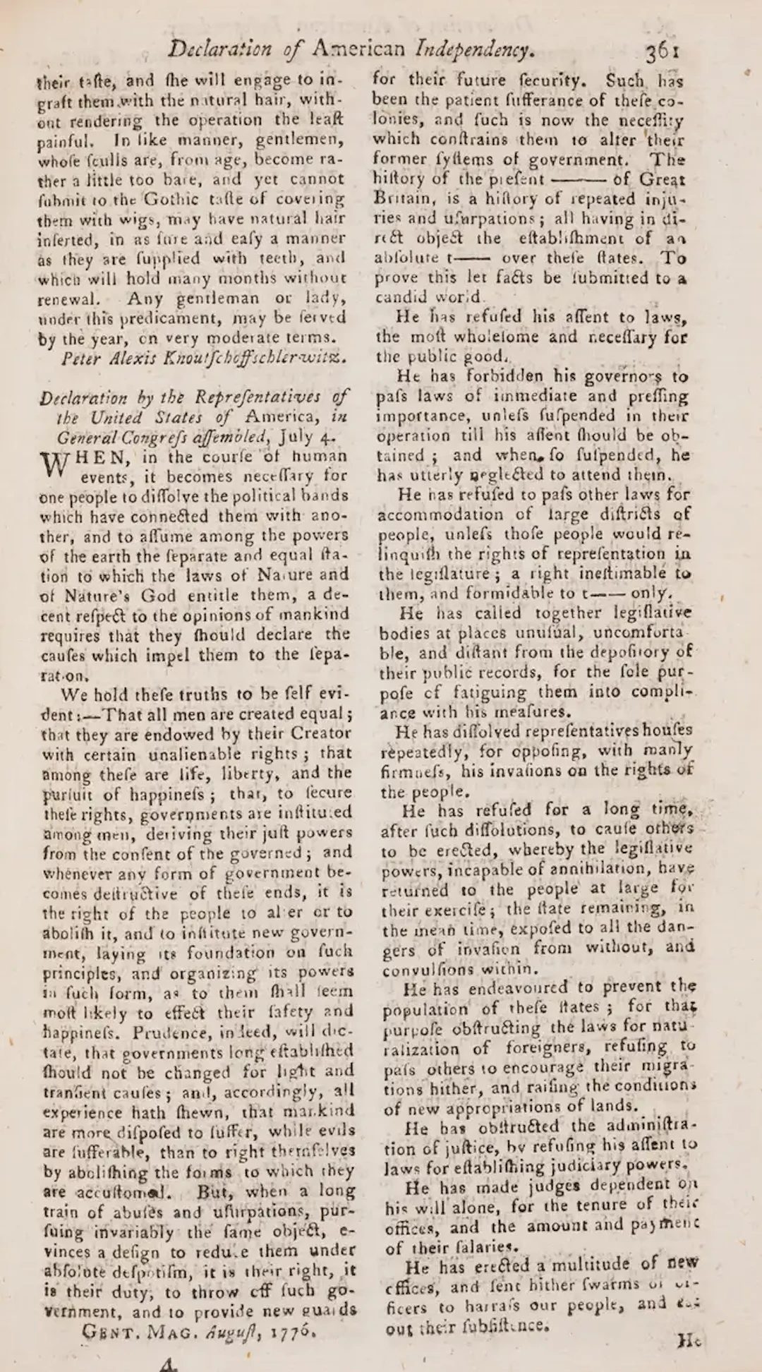 First English printing of The Declaration of American Independence.-