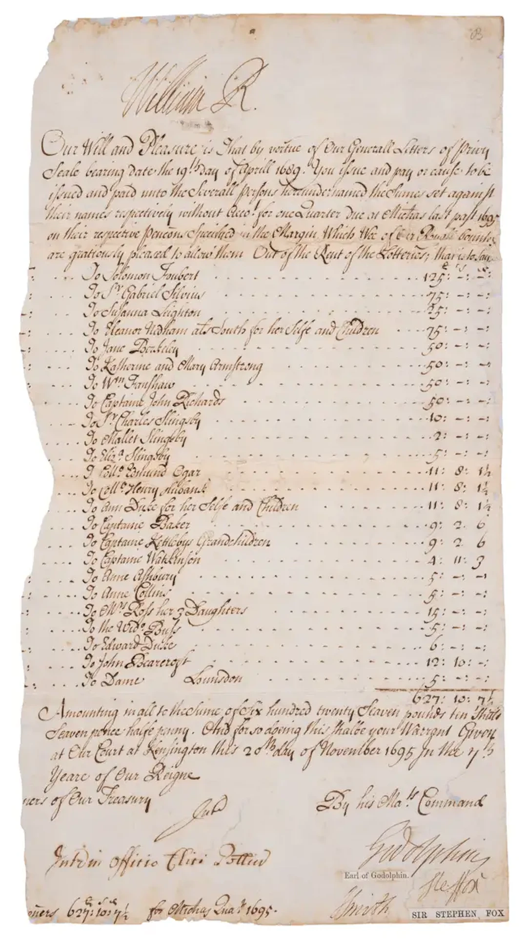 William III (King) Royal warrant signed authorising pension payments