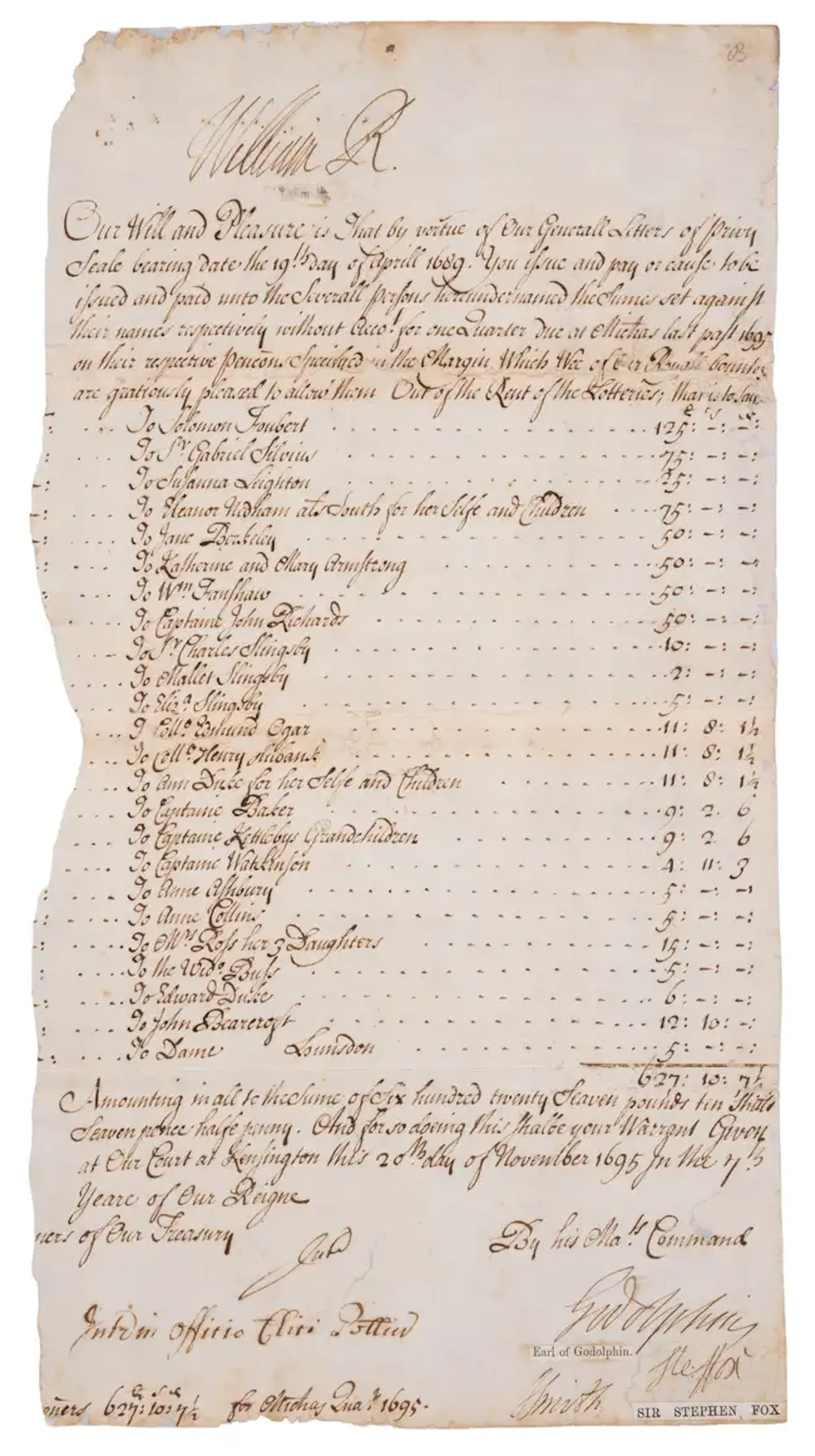 William III (King) Royal warrant signed authorising pension payments