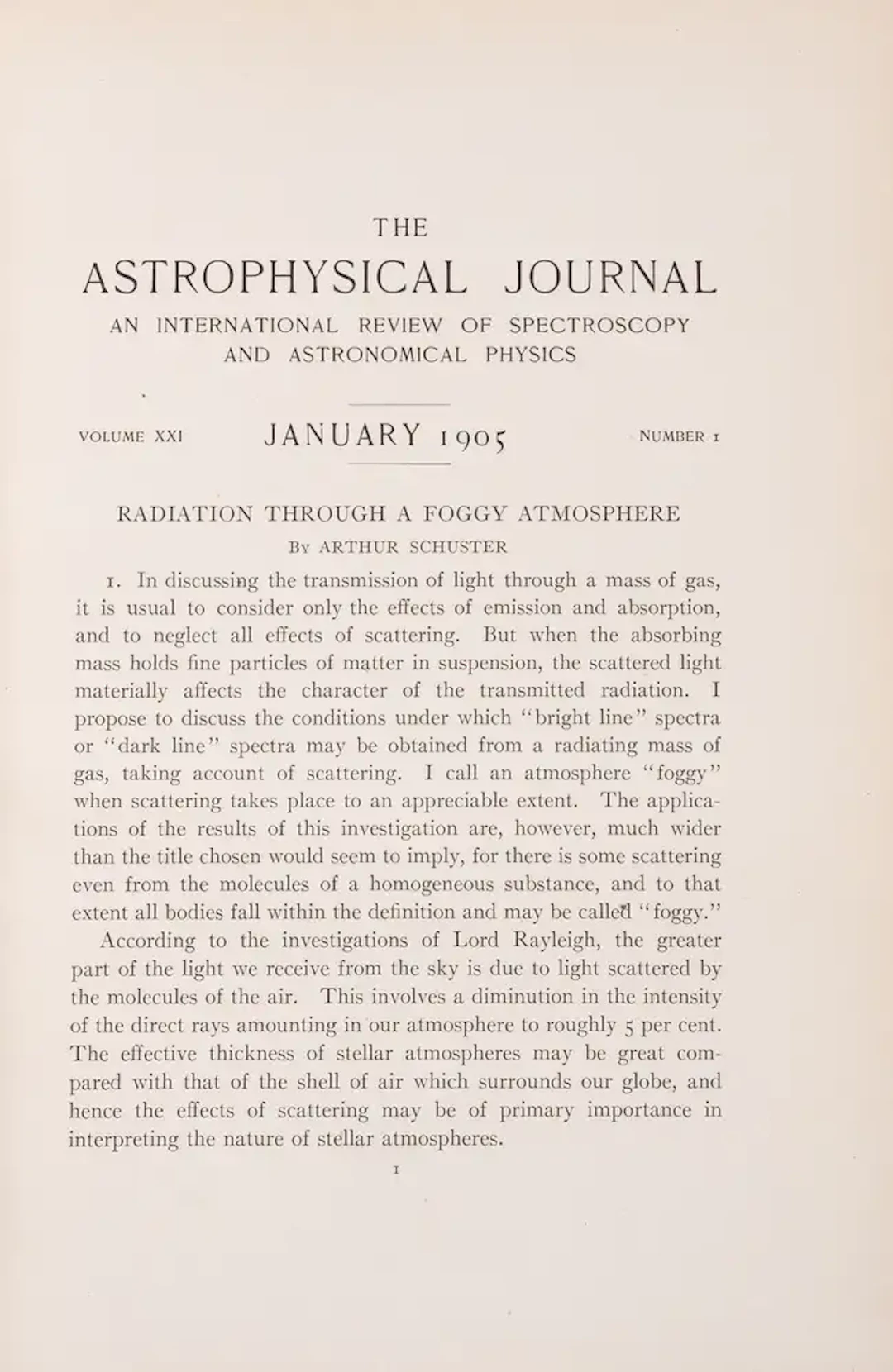 Astrophysics.- Schuster (Arthur) "Radiation Through A Foggy Atmosphere"