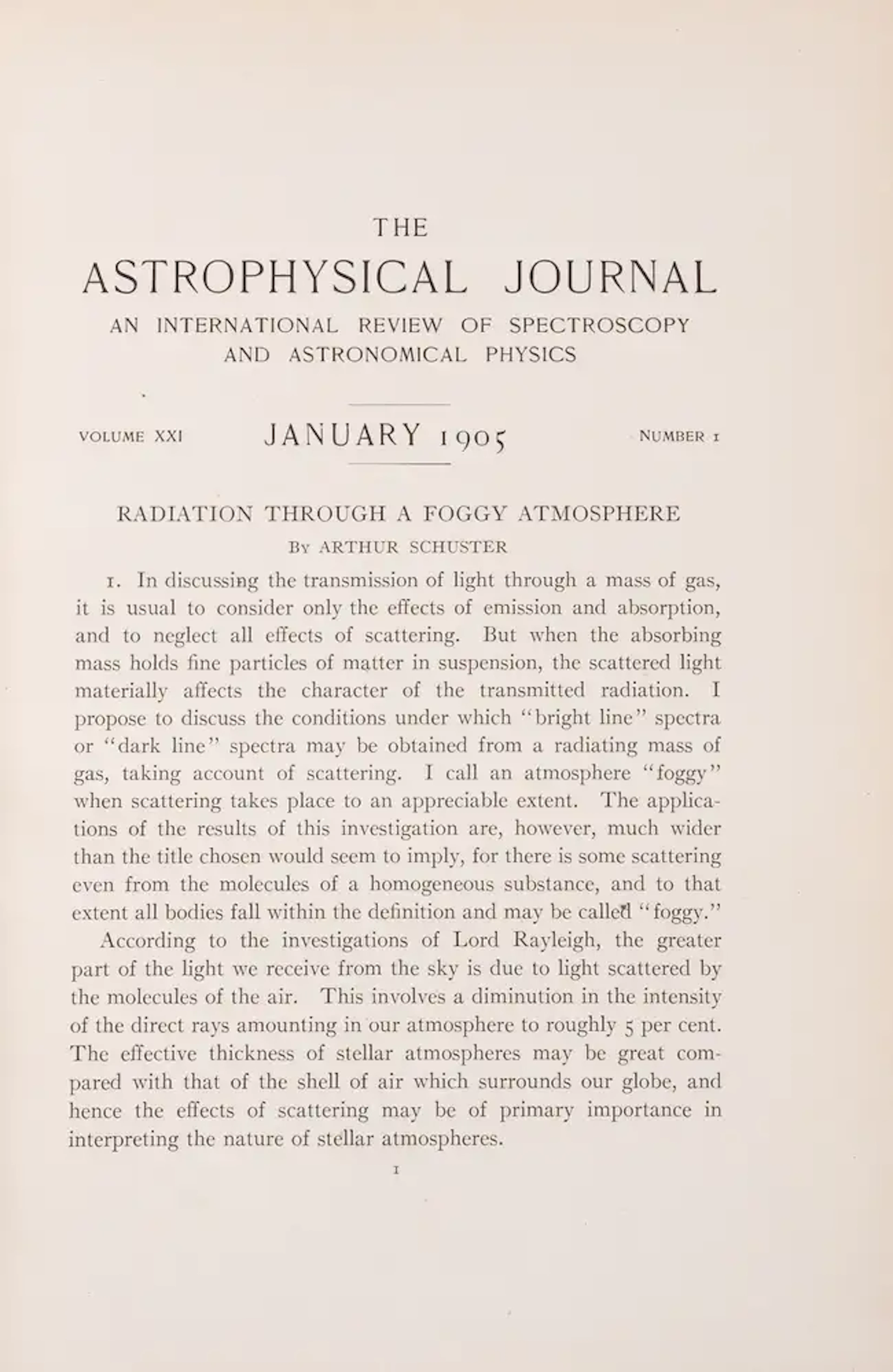 Astrophysics.- Schuster (Arthur) "Radiation Through A Foggy Atmosphere"