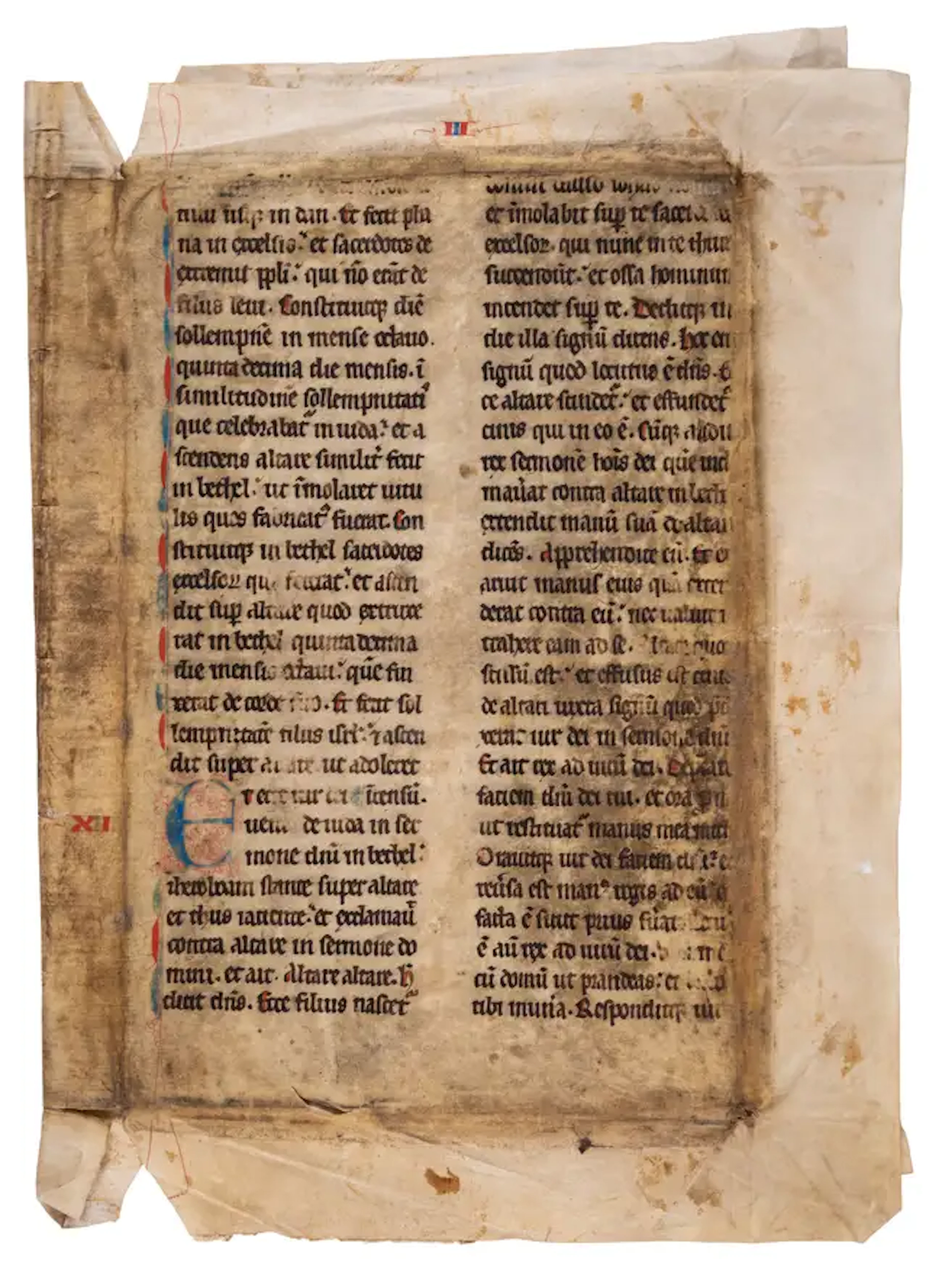 Bifolium from a large gothic Bible, in Latin, decorated manuscript