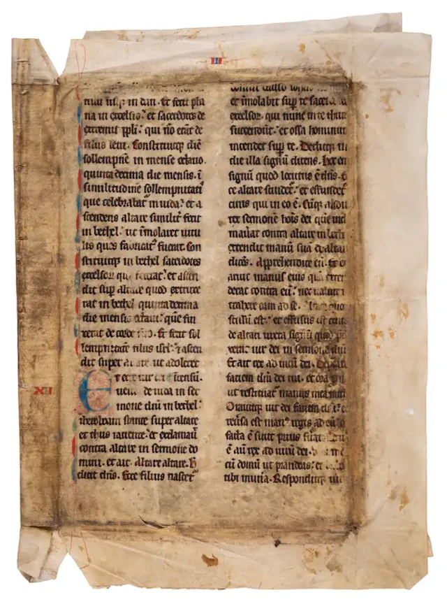 Bifolium from a large gothic Bible, in Latin, decorated manuscript