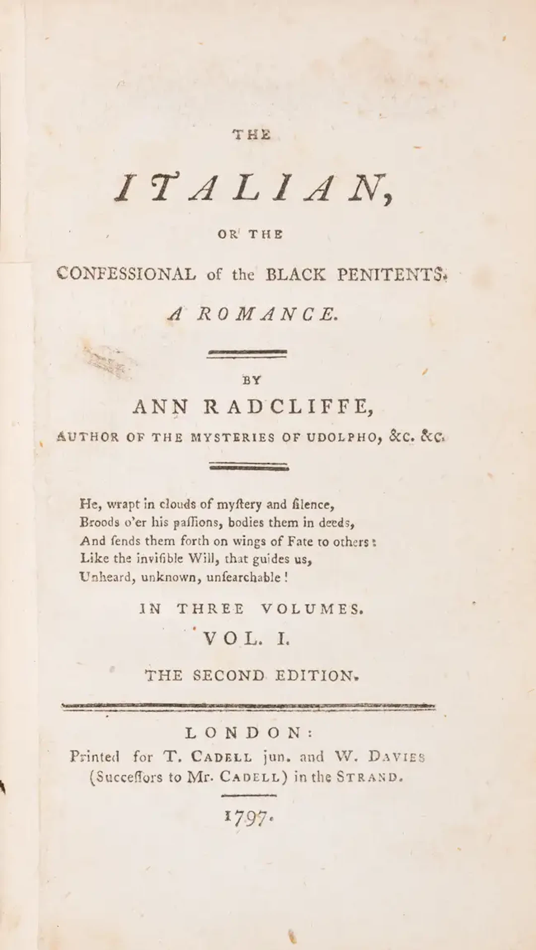 Radcliffe (Ann) The Italian, or the Confessional of the Black Penitents.