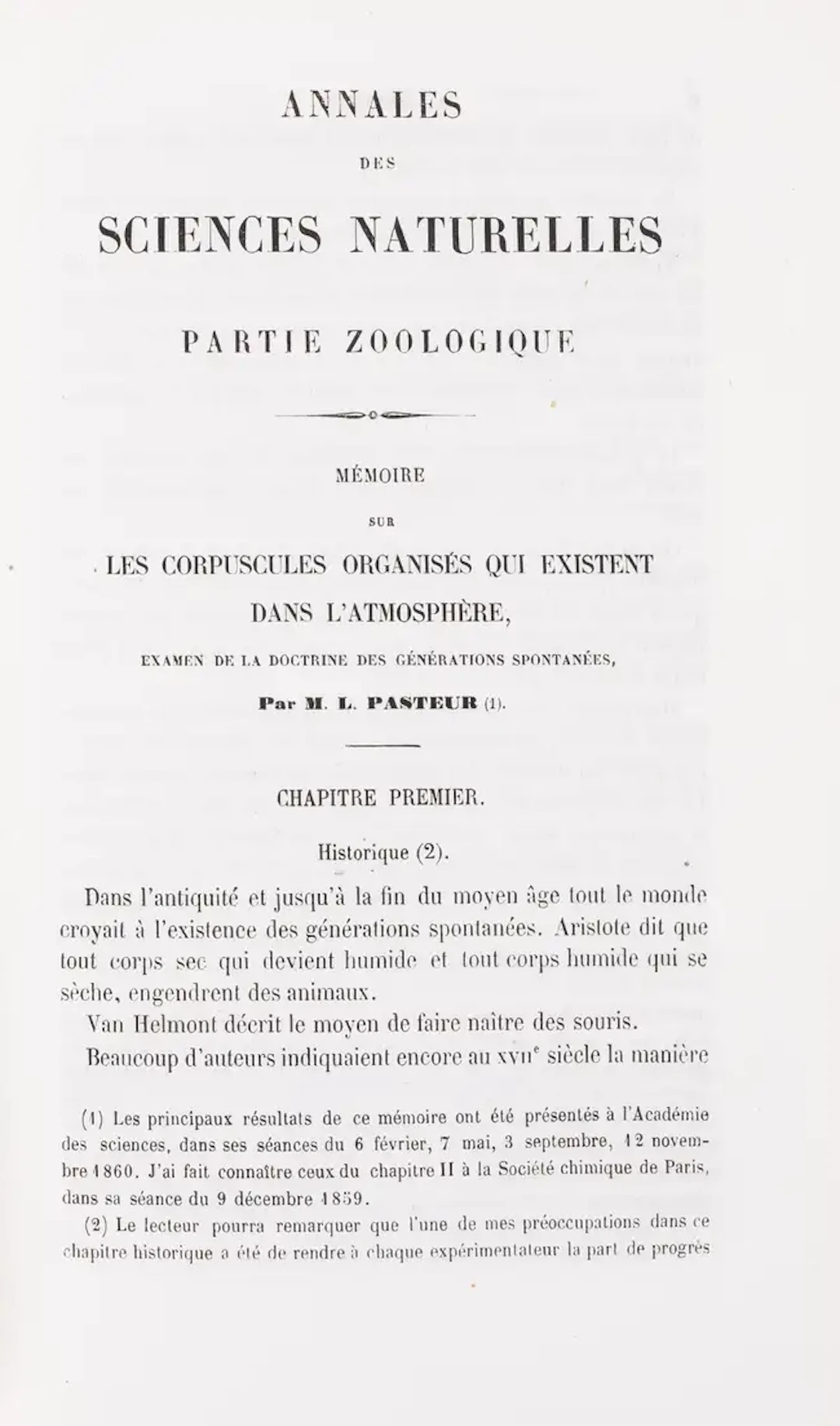 Fermentation.- Pasteur (Louis) "Mémoire sur les Corpuscules Organisés