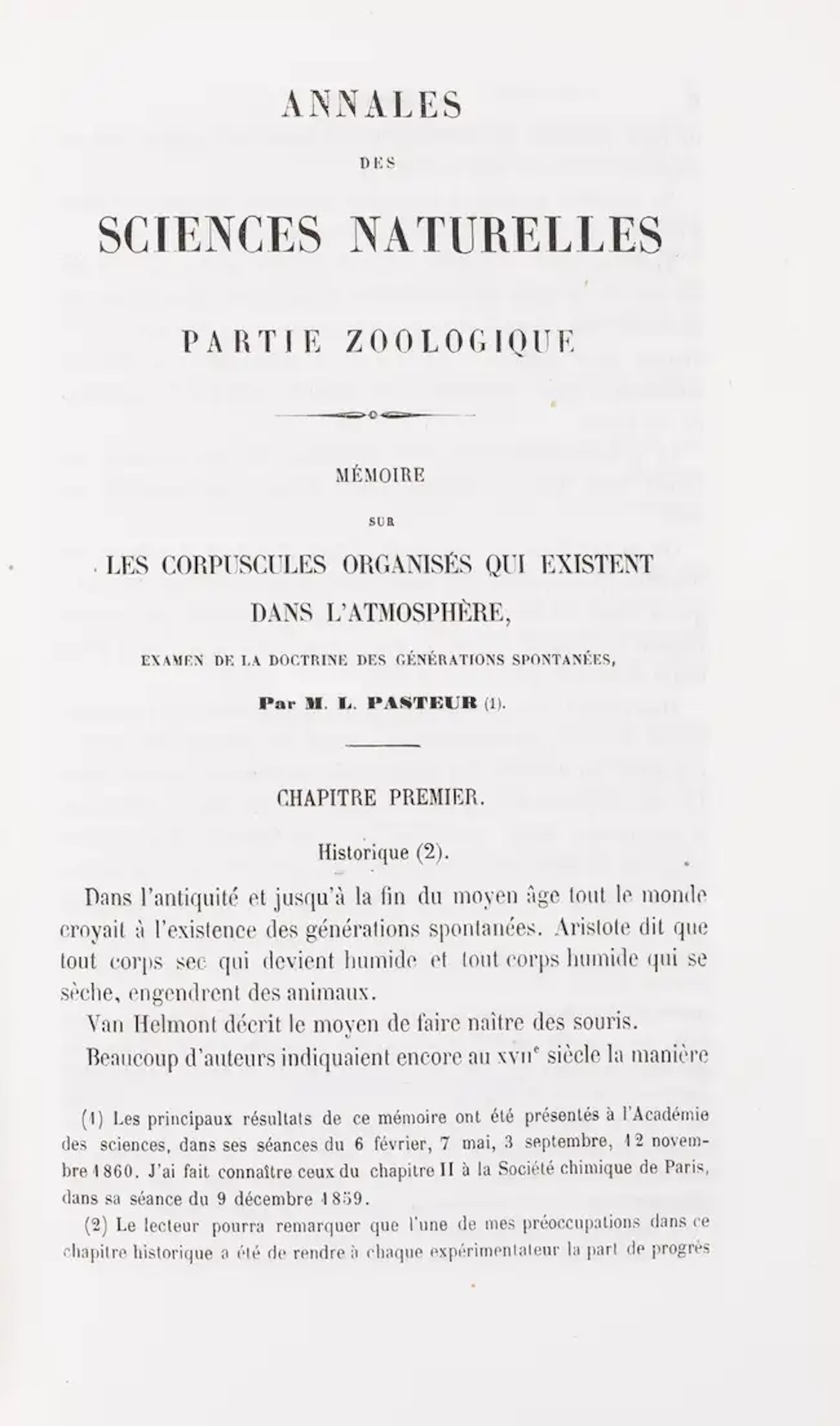 Fermentation.- Pasteur (Louis) "Mémoire sur les Corpuscules Organisés