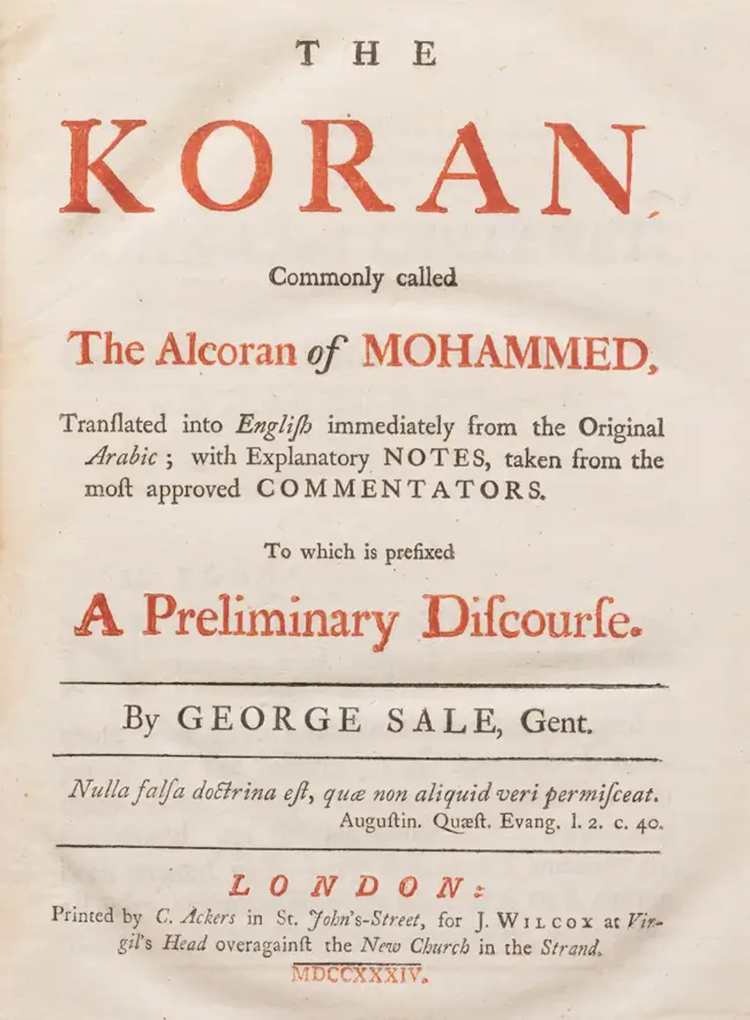 Sale (George) The Koran, Commonly called The Alcoran of Mohammed