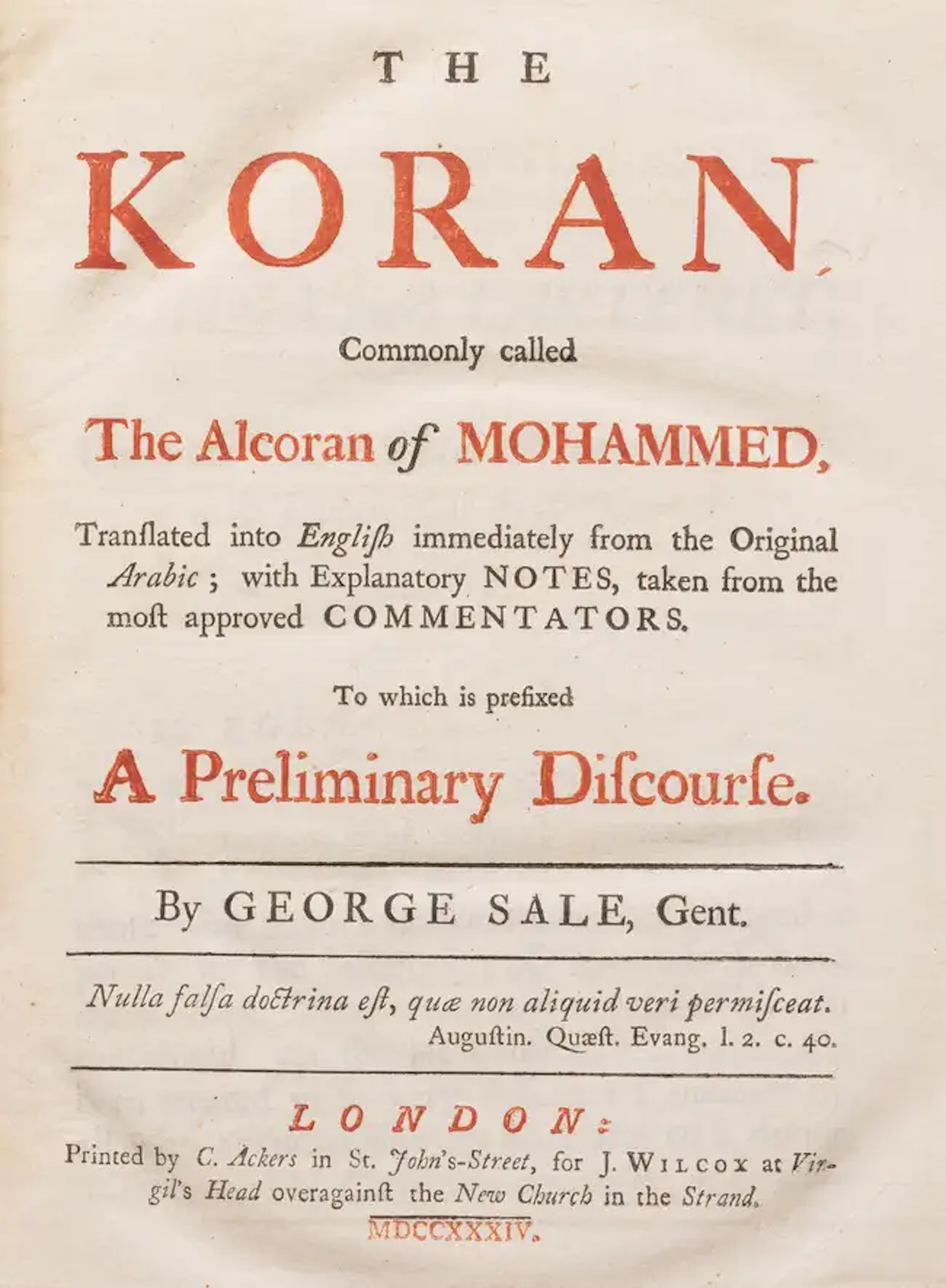 Sale (George) The Koran, Commonly called The Alcoran of Mohammed