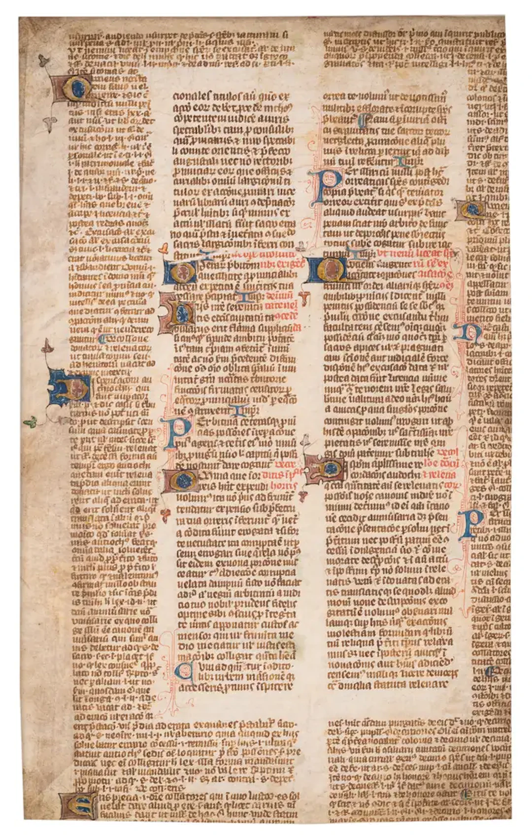 Two leaves from legal manuscripts, in Latin, decorated manuscripts