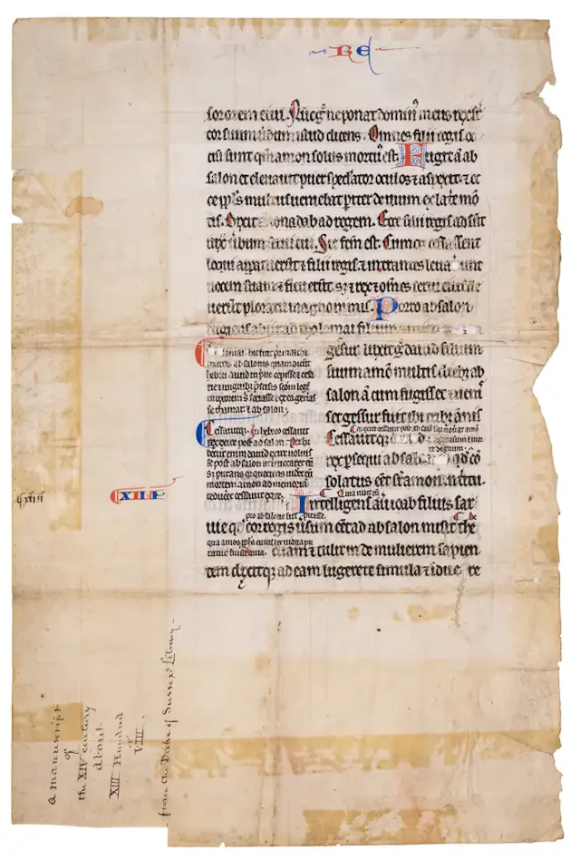 Leaf from a Glossed Bible in large format, with inscription recording