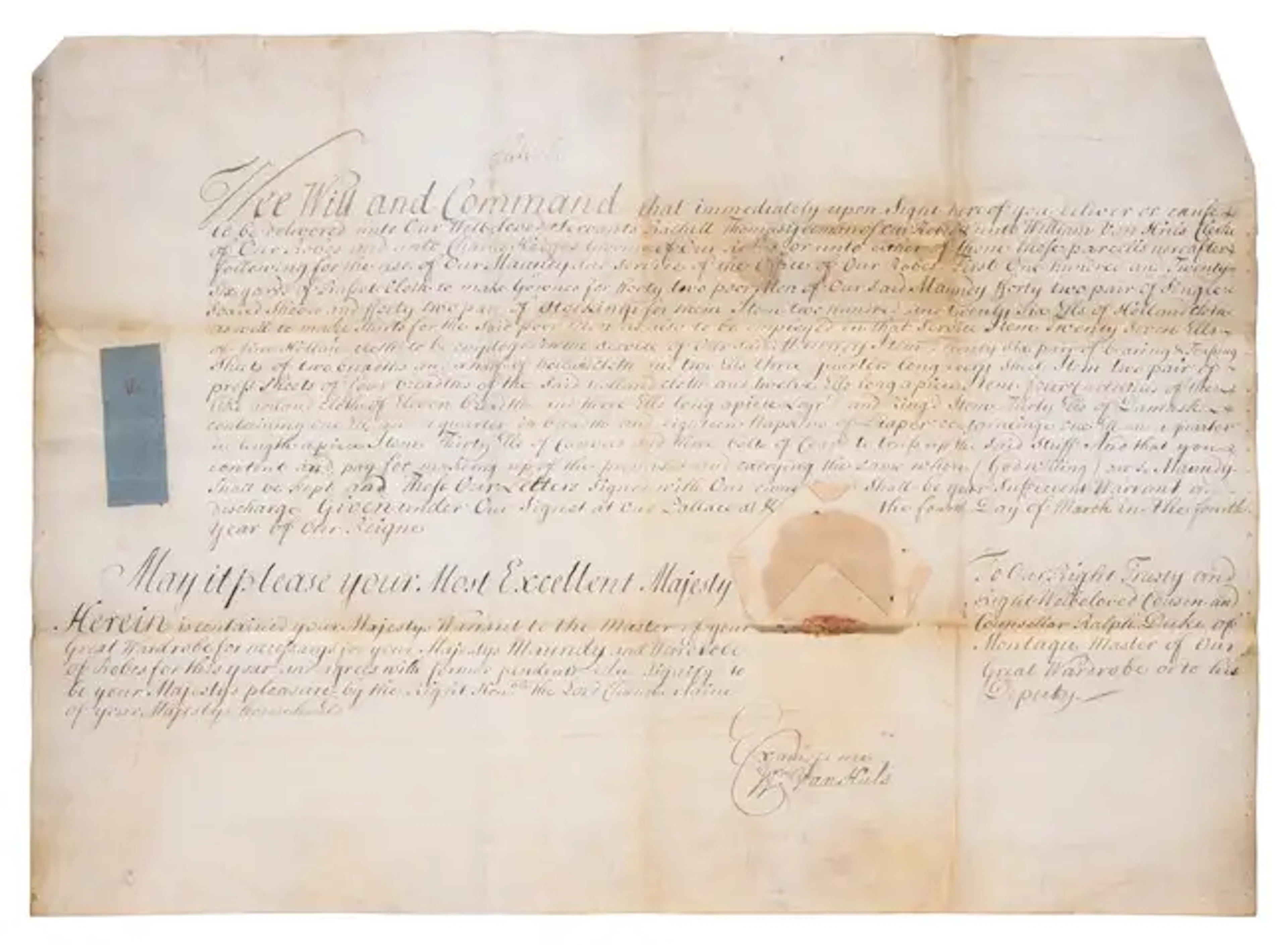 Anne (Queen) Royal warrant signed for the provision of clothing for