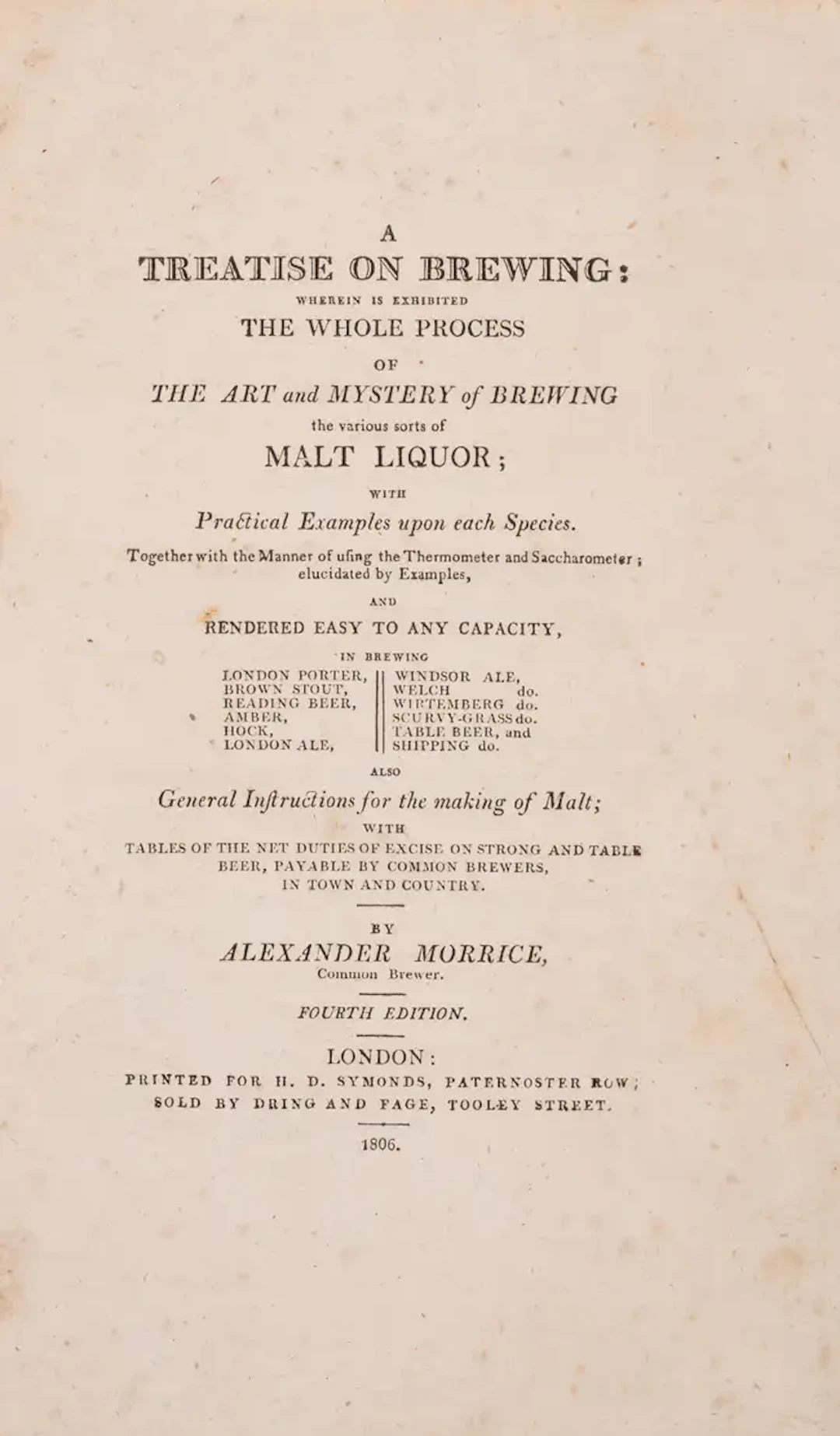 Brewing.- Morrice (Alexander) A Treatise on brewing : wherein is exhibited