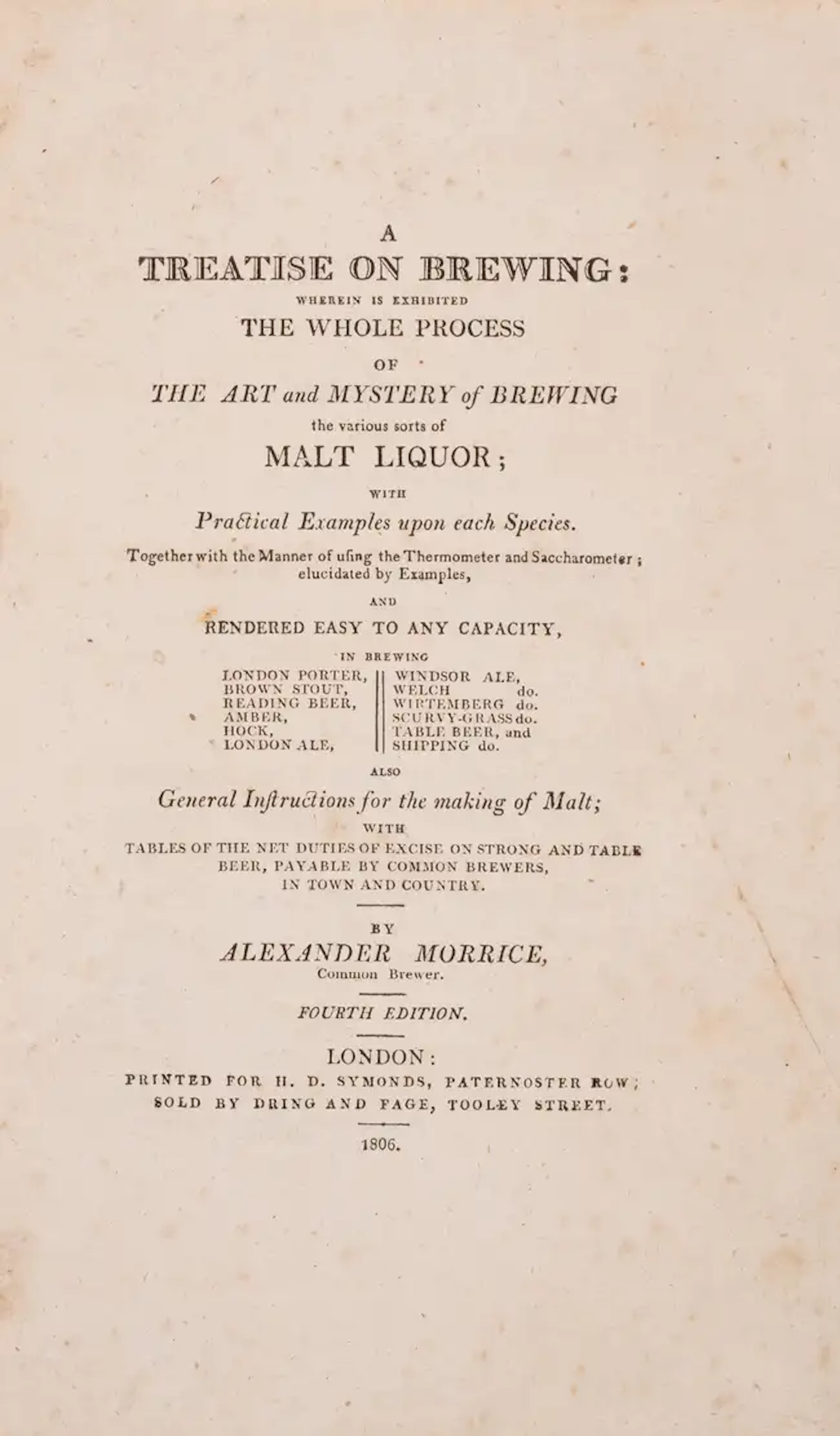 Brewing.- Morrice (Alexander) A Treatise on brewing : wherein is exhibited