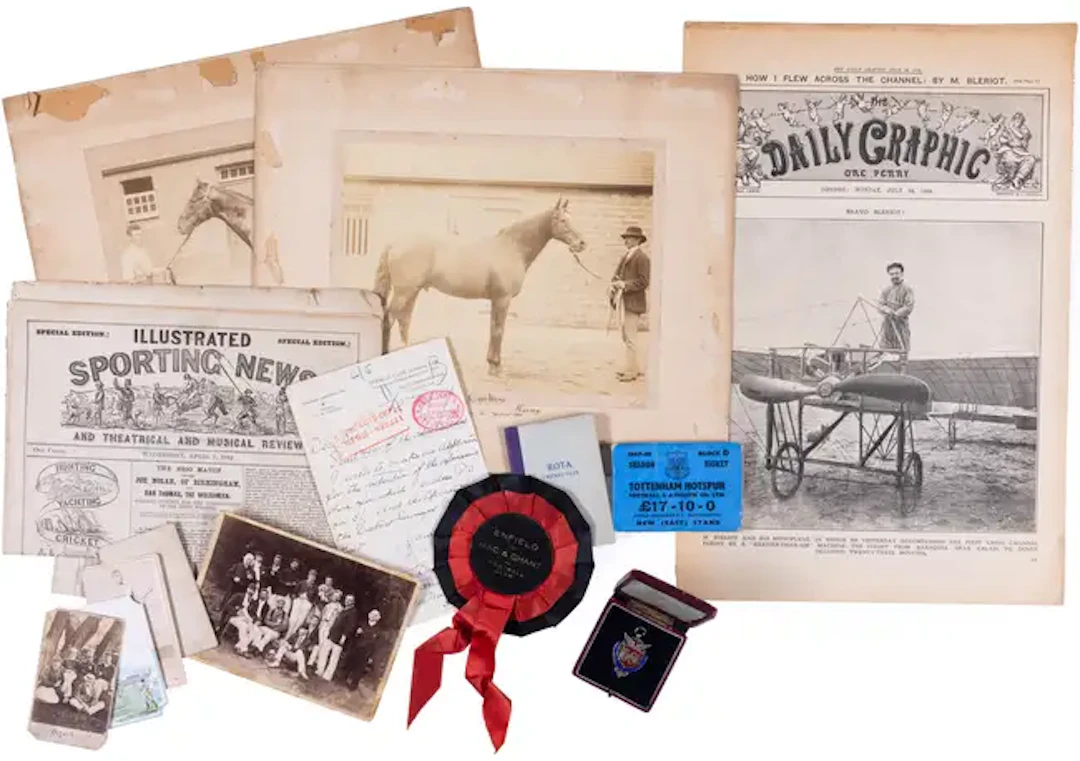 Small collection of sporting ephemera, including medals, albumen prints