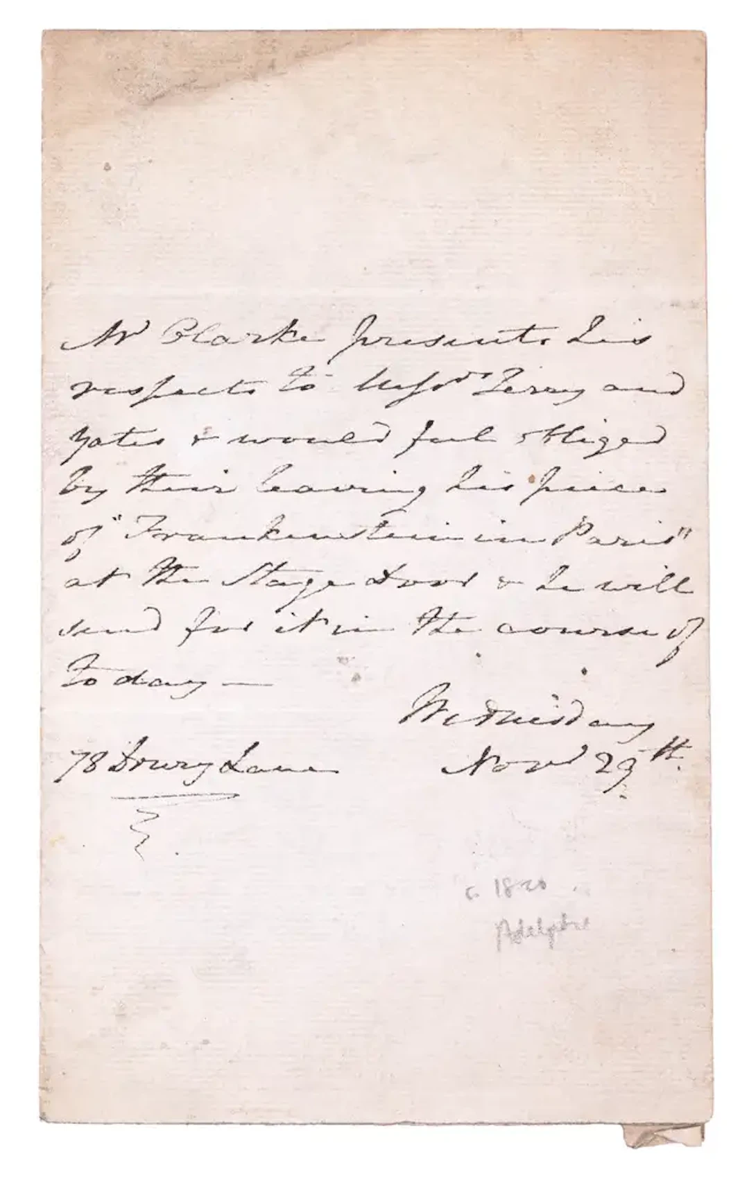Shelley (Mary Wollstonecraft).- Autograph Letter from a Mr Clarke