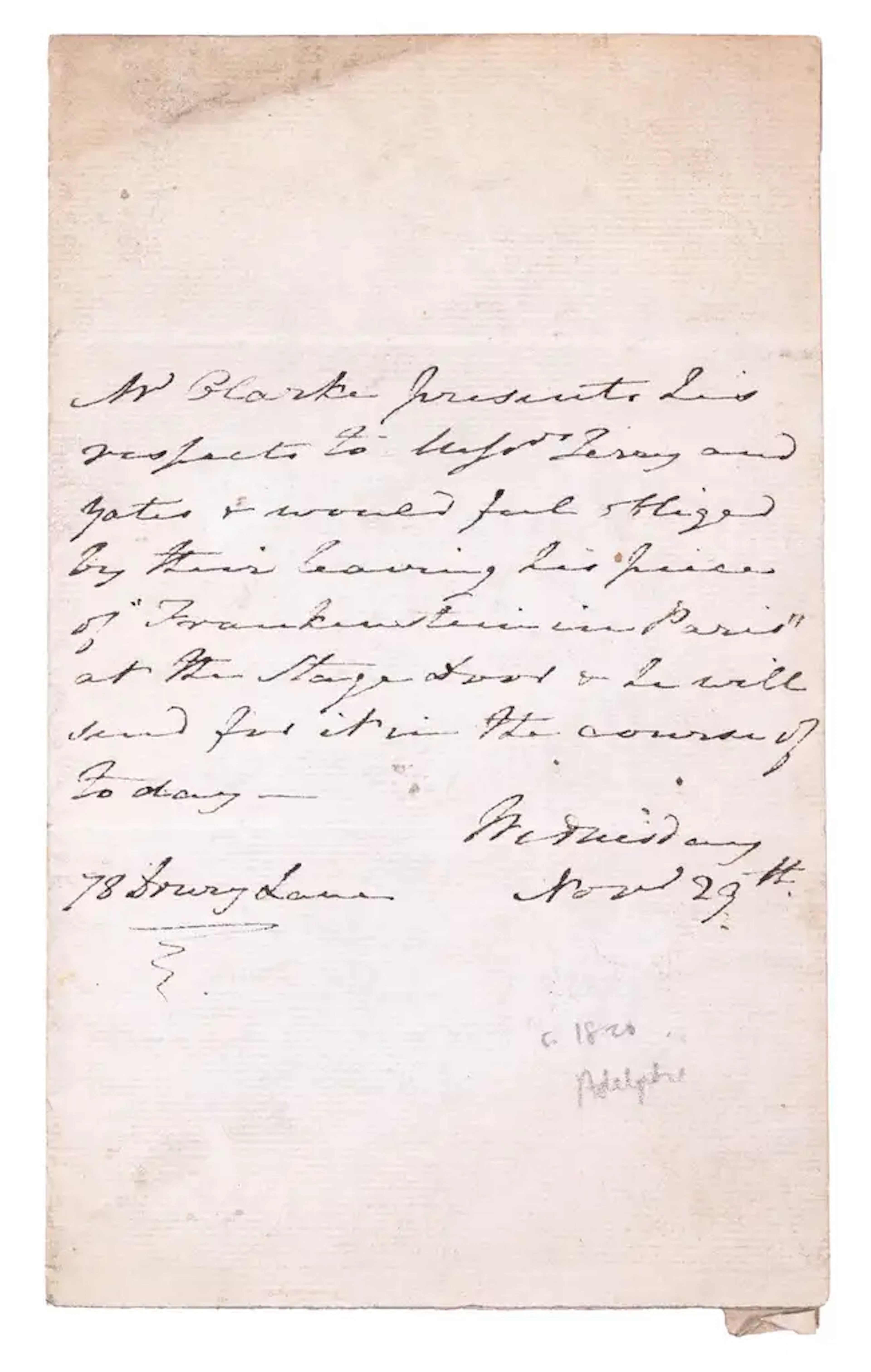 Shelley (Mary Wollstonecraft).- Autograph Letter from a Mr Clarke