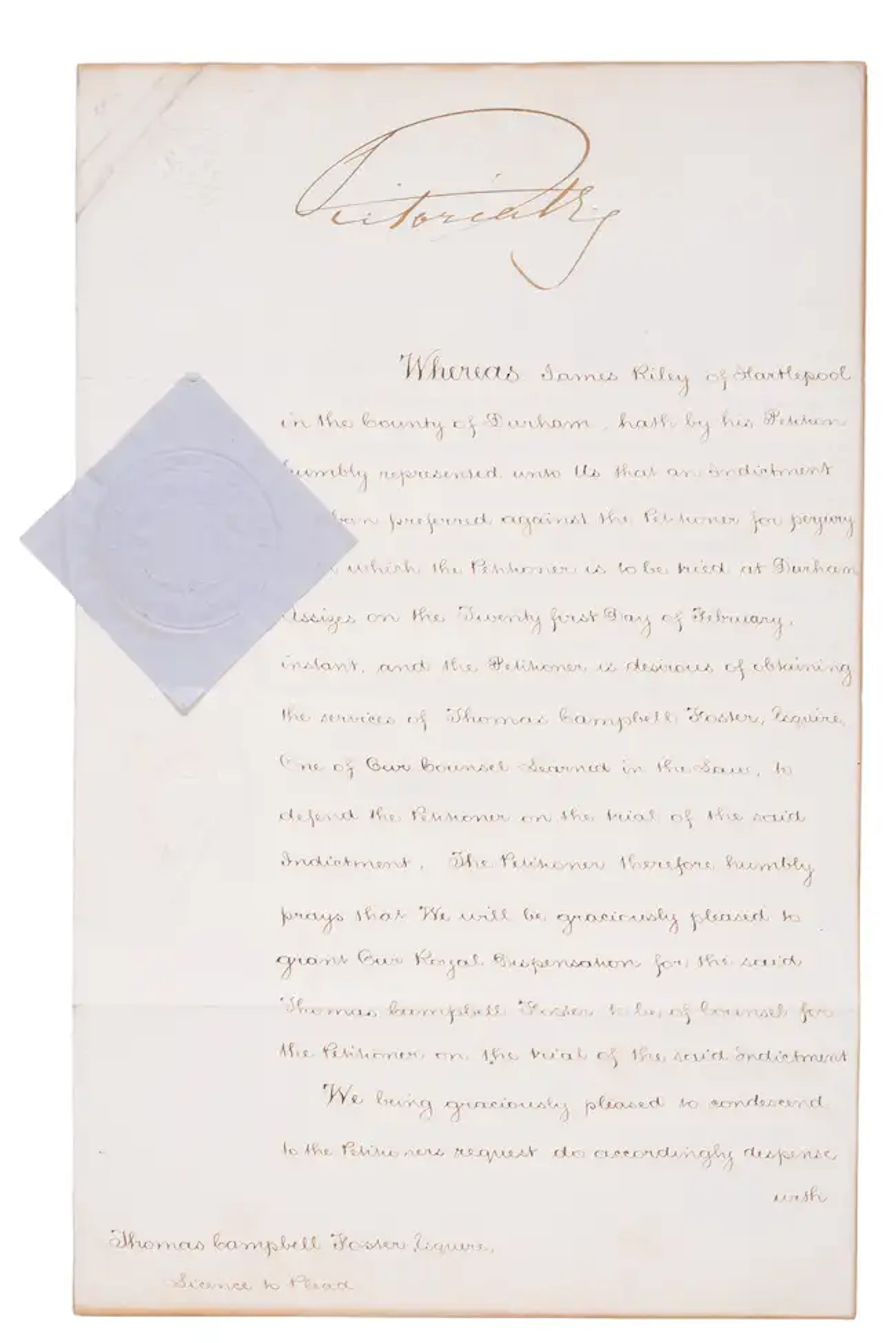 Victoria (Queen) Signed Licence to Plead, 1877