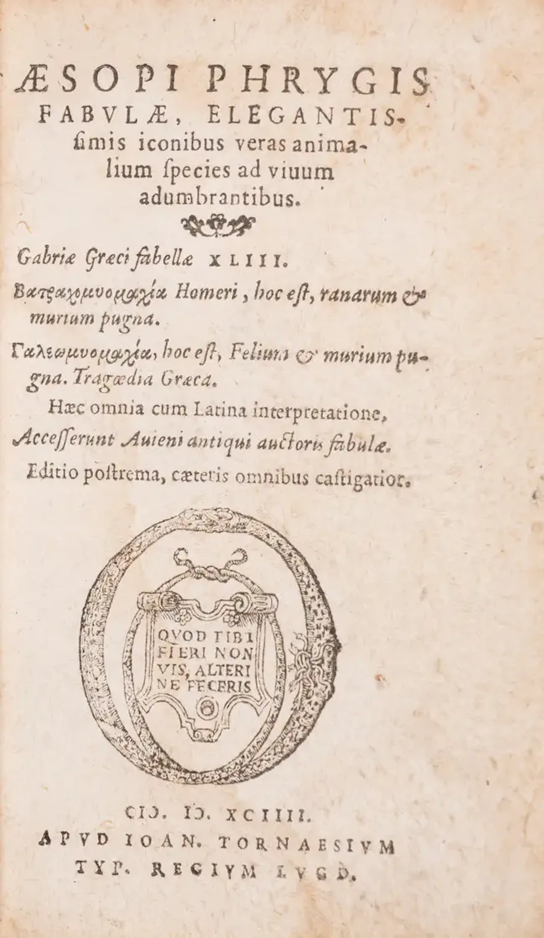 Aesop. Phrygis Fabulæ Elegantissimis ..., Lyon, Jean de Tournes, 1594;