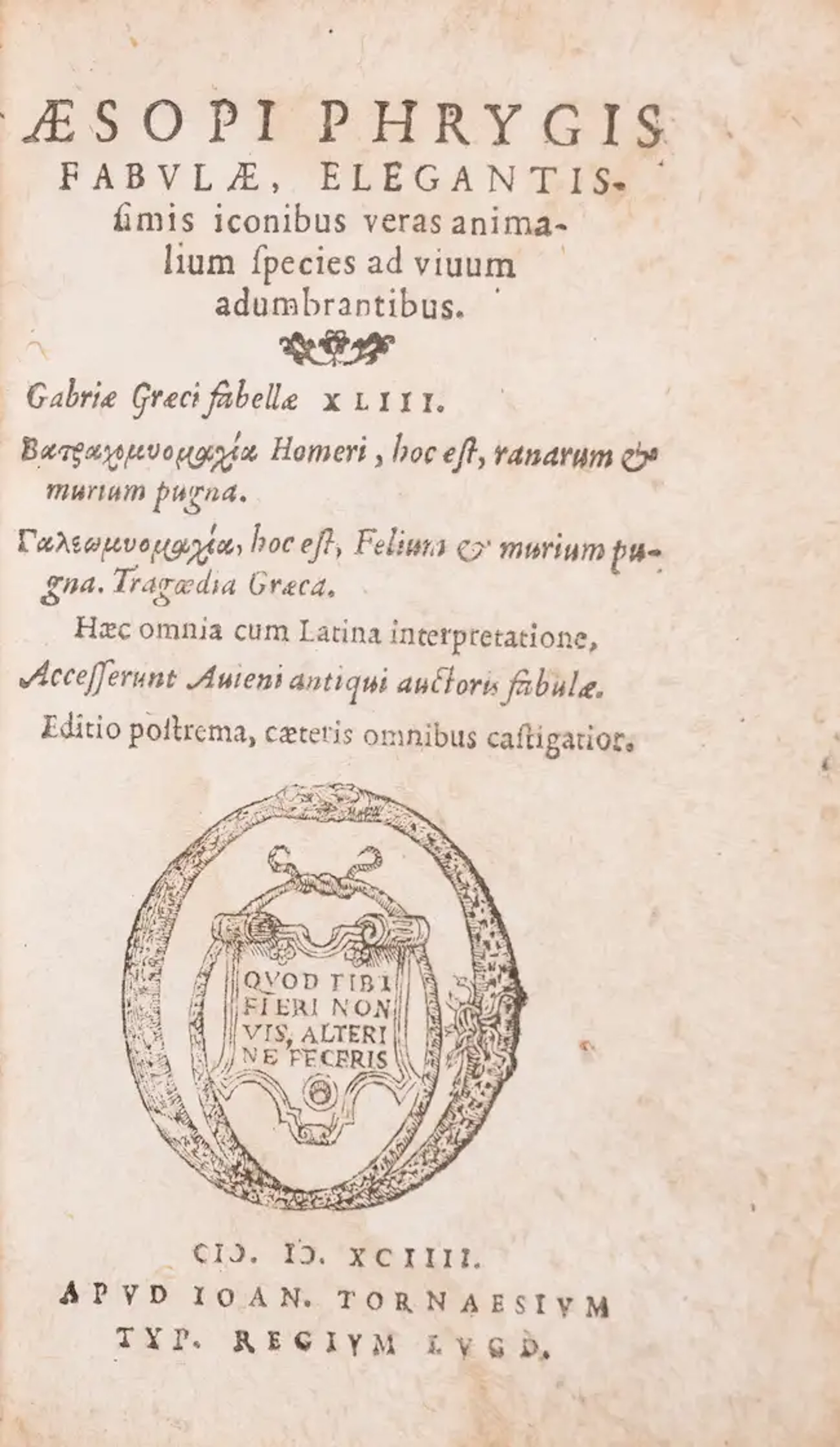 Aesop. Phrygis Fabulæ Elegantissimis ..., Lyon, Jean de Tournes, 1594;