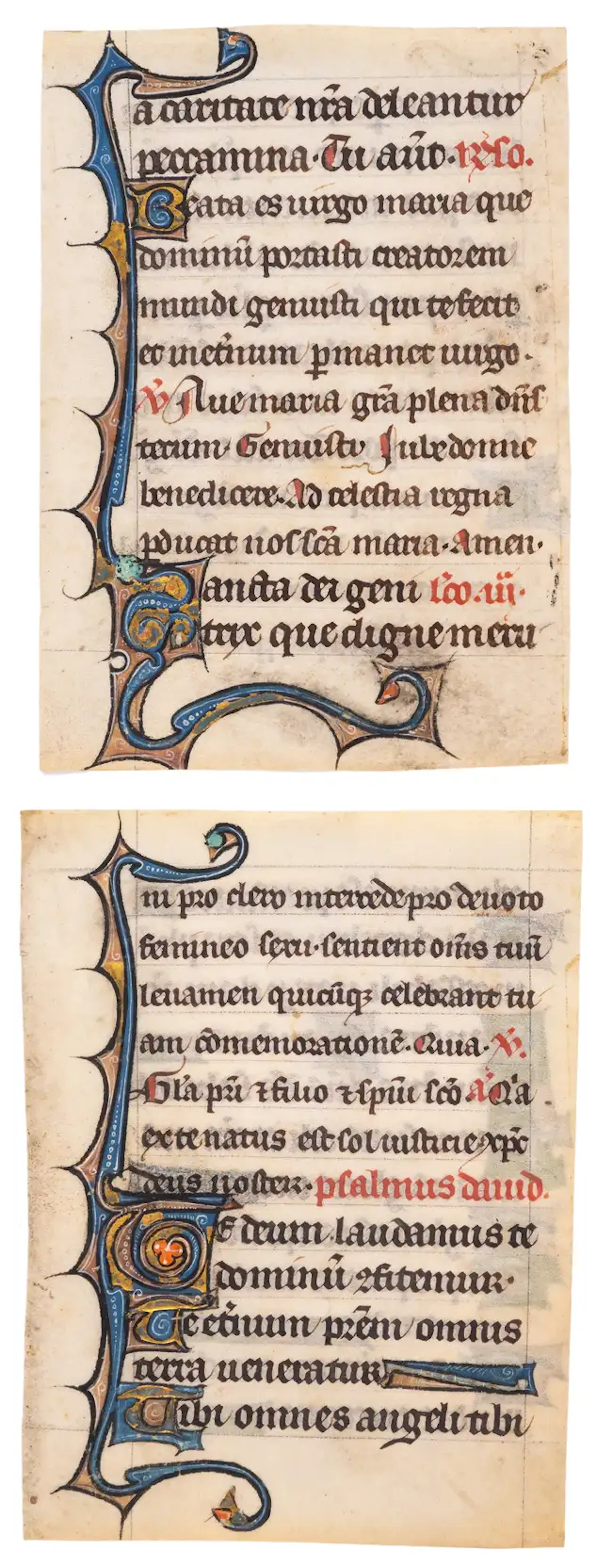 Two leaves from a miniature Psalter-Hours, both with illuminated initials