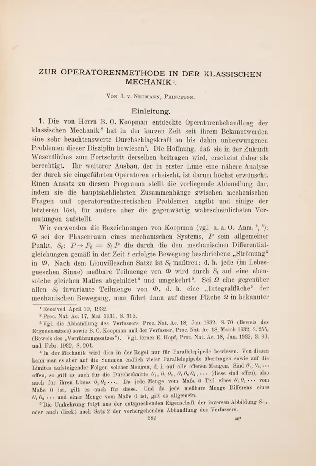 Mathematics.- Neumann (John von) "Zur Operatorenmethodein der Klassischen