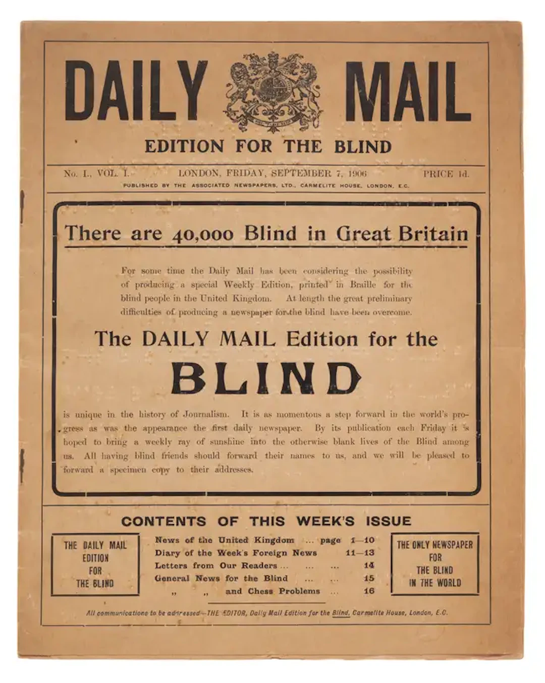 First Braille Newspaper.- Daily Mail. Edition for the Blind, no.1