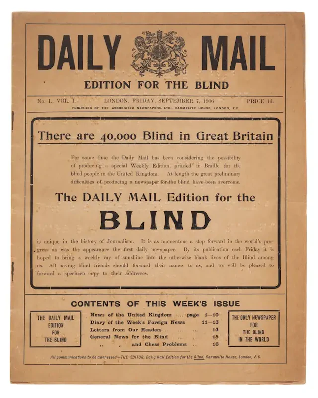 First Braille Newspaper.- Daily Mail. Edition for the Blind, no.1