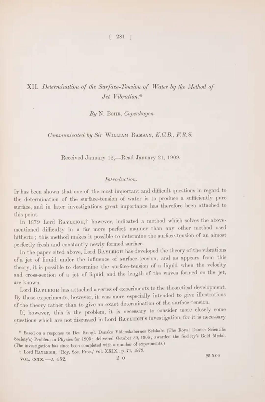 Physics.- Bohr (Niels) Determination of the Surface-Tension of Water