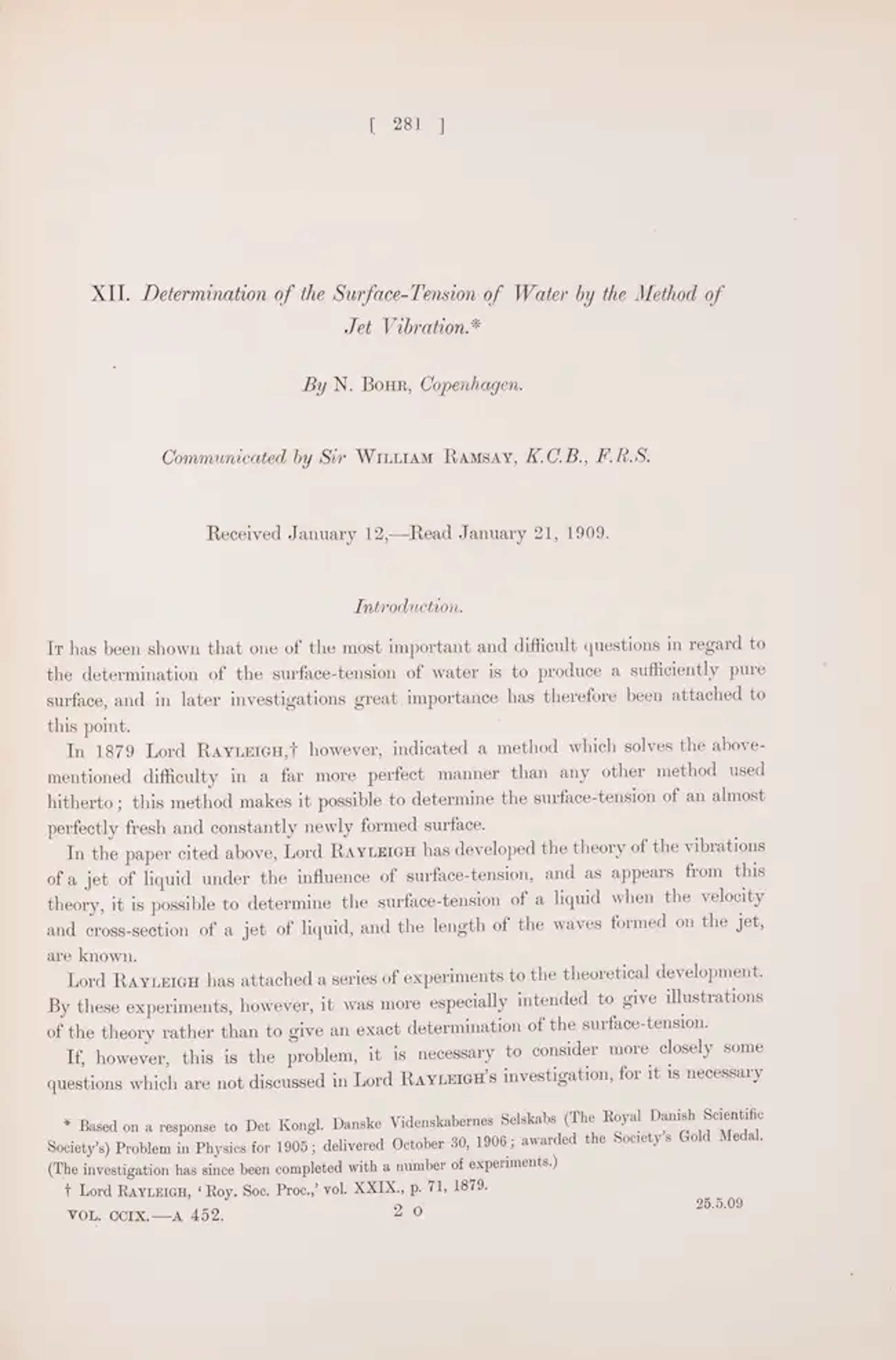 Physics.- Bohr (Niels) Determination of the Surface-Tension of Water