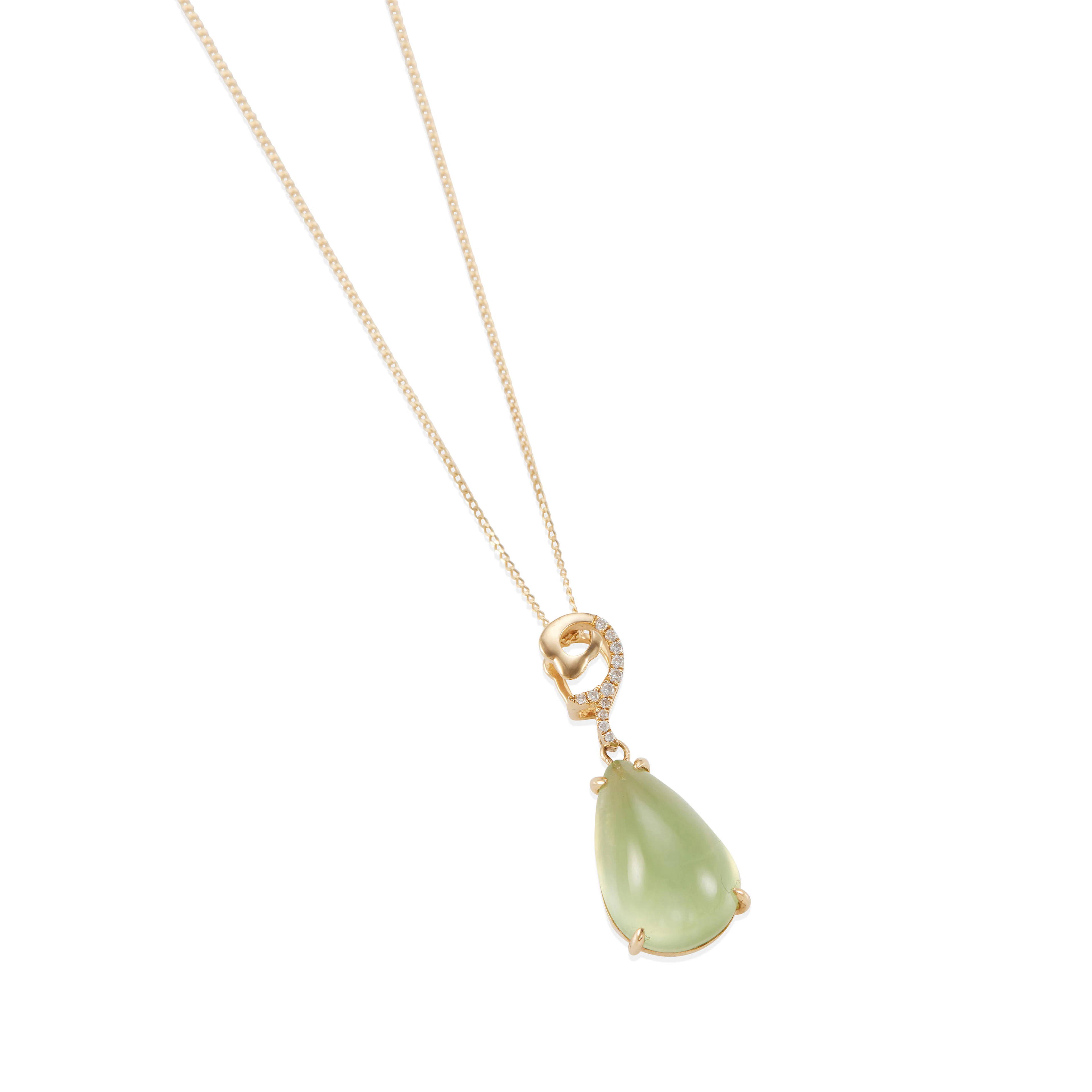 18K GOLD, PREHNITE AND DIAMOND PENDANT NECKLACE