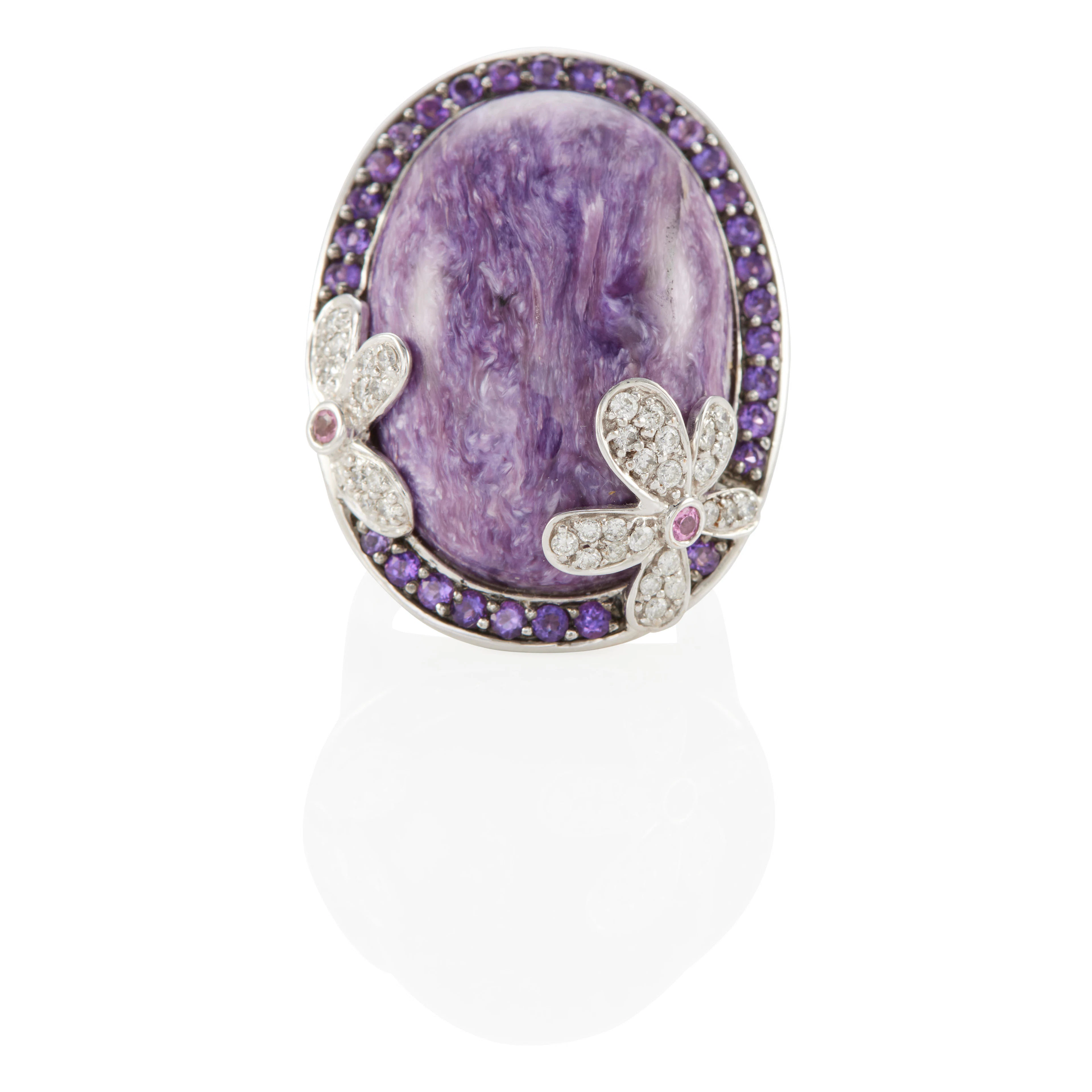14K WHITE GOLD, SUGILITE, AMETHYST AND DIAMOND RING