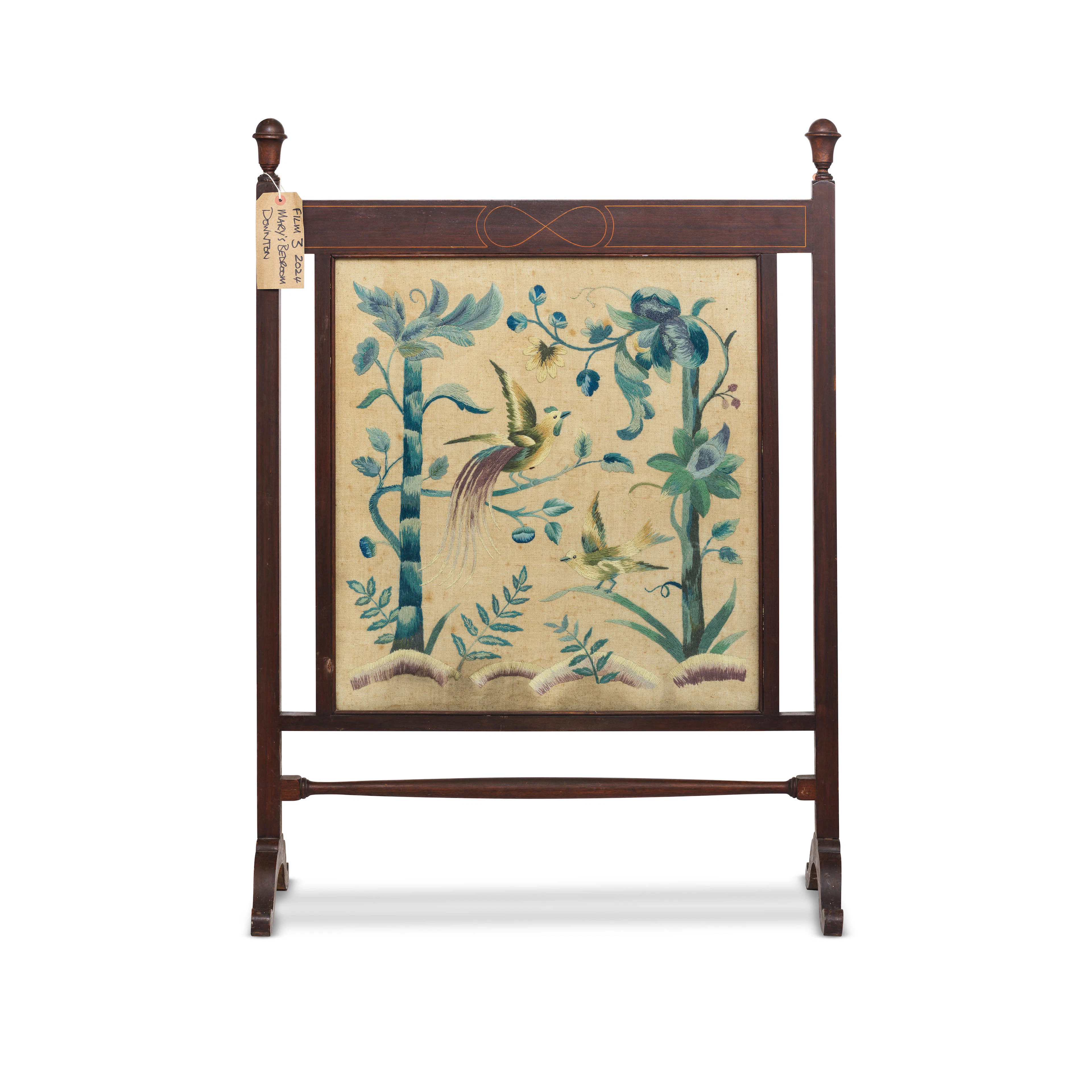 A mahogany and boxwood line inlaid fire screenEarly 20th century