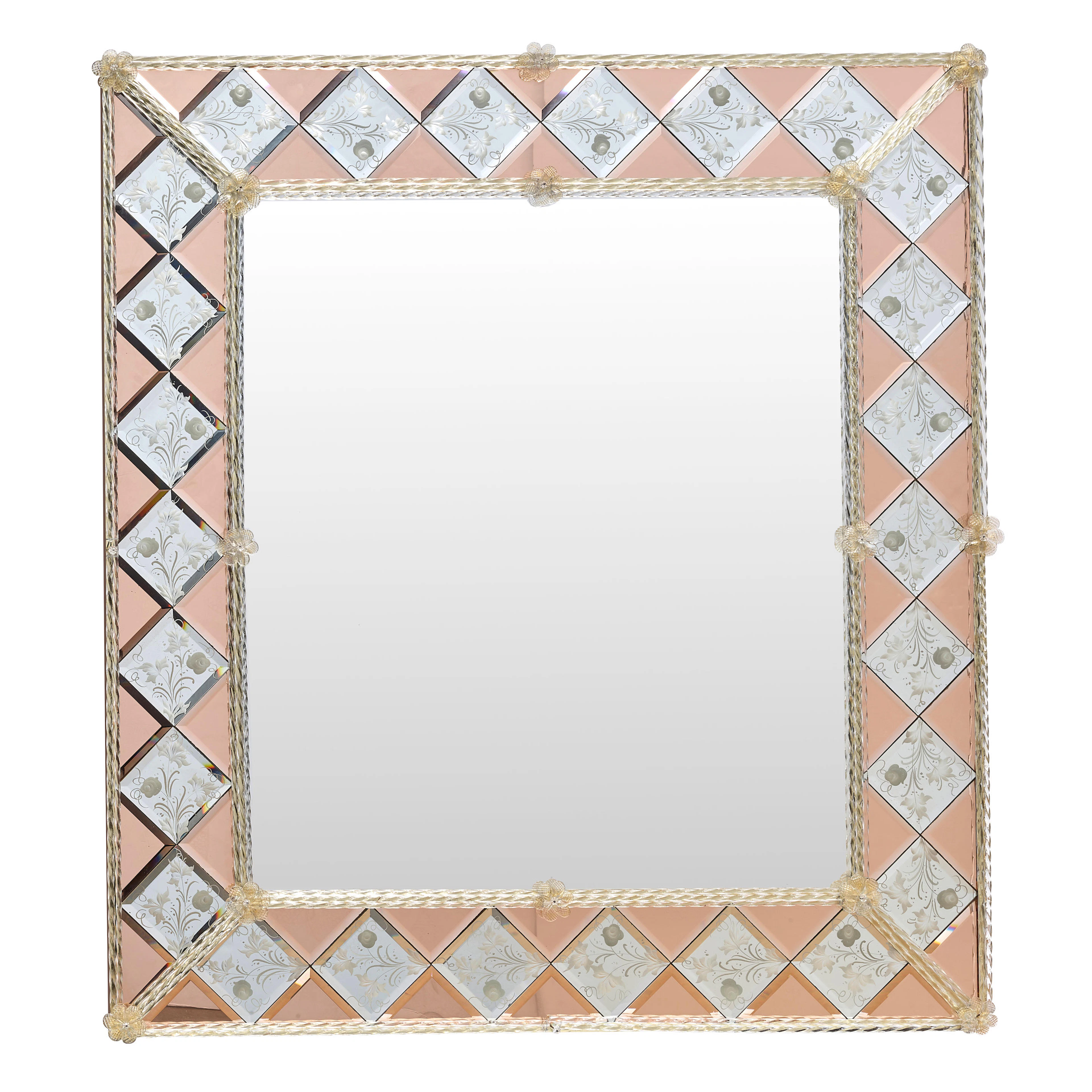 A VENETIAN ACID ETCHED MOLDED PINK AND COLORLESS GLASS MOUNTED MIRROR