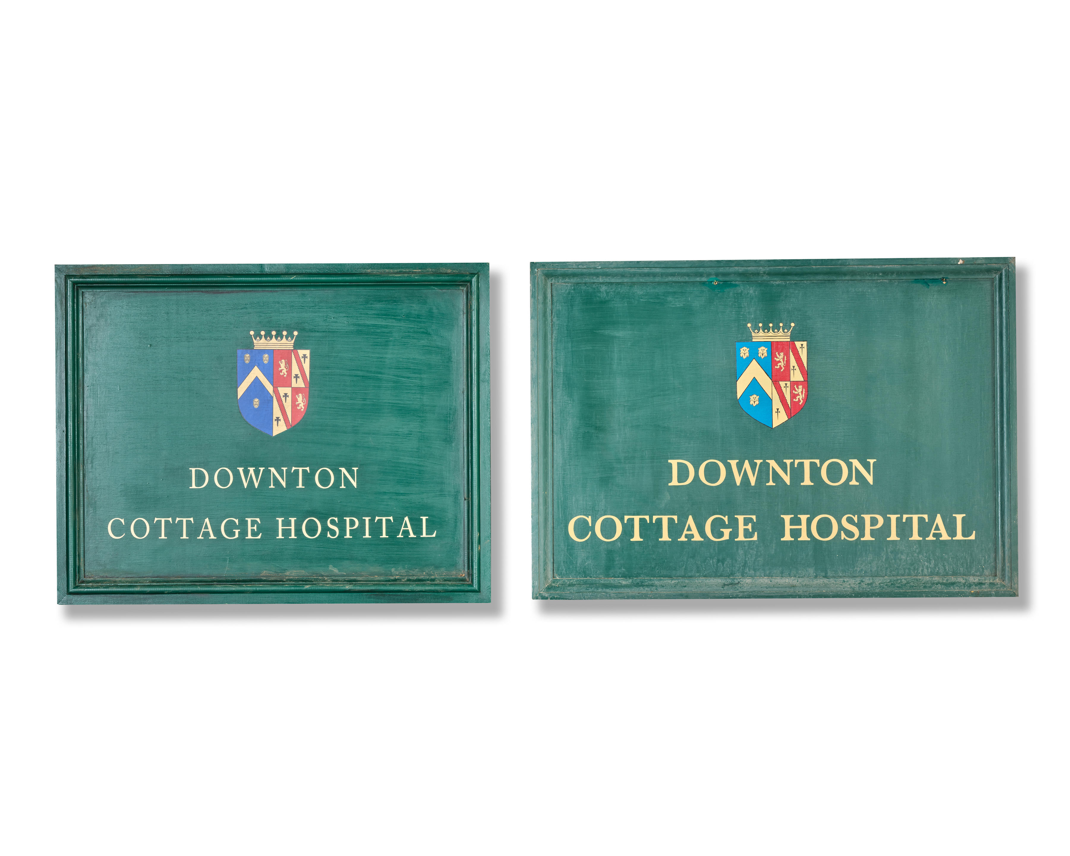 Two painted signs for 'Downton Cottage Hospital' production made by